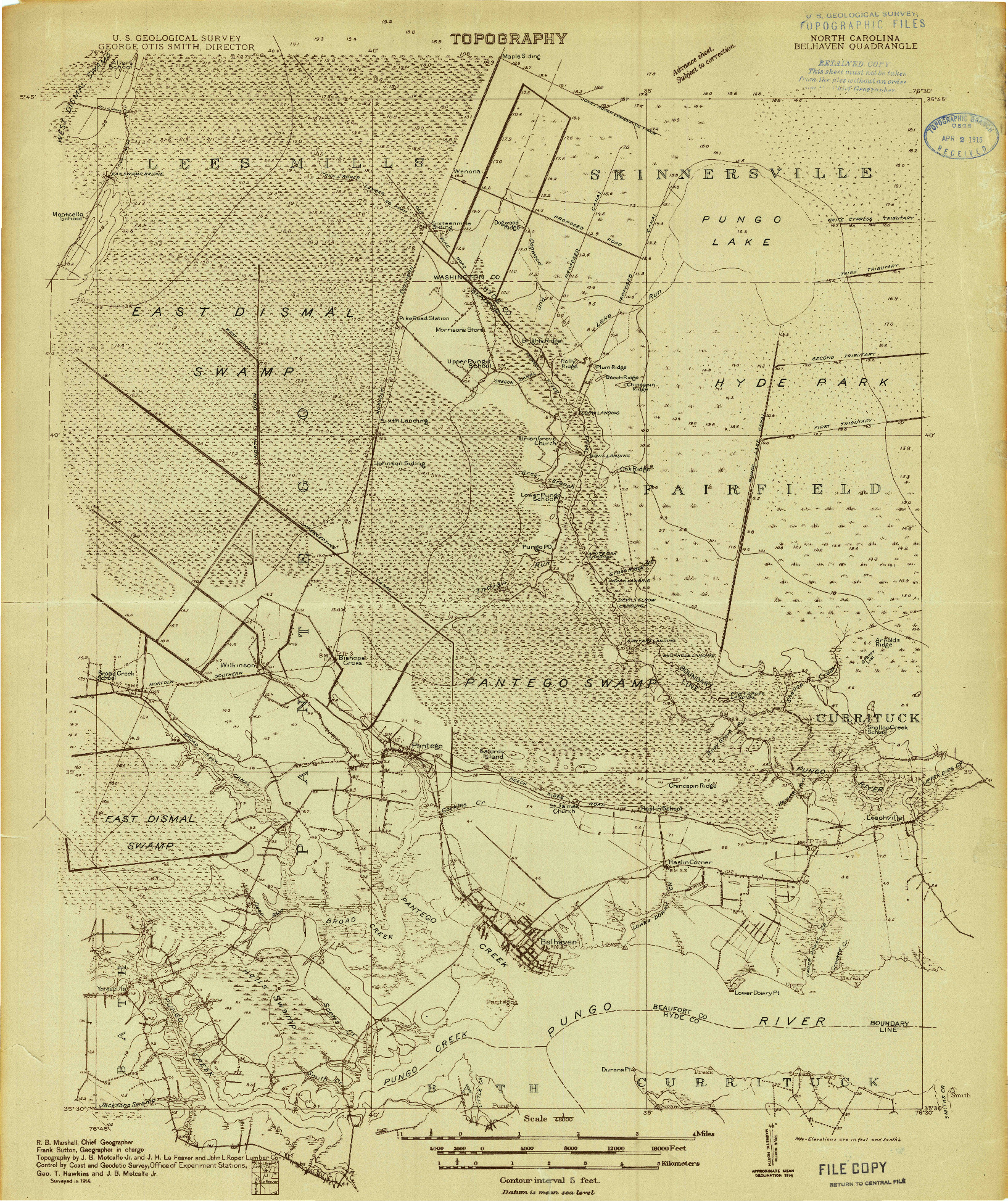 USGS 1:48000-SCALE QUADRANGLE FOR BELHAVEN, NC 1914