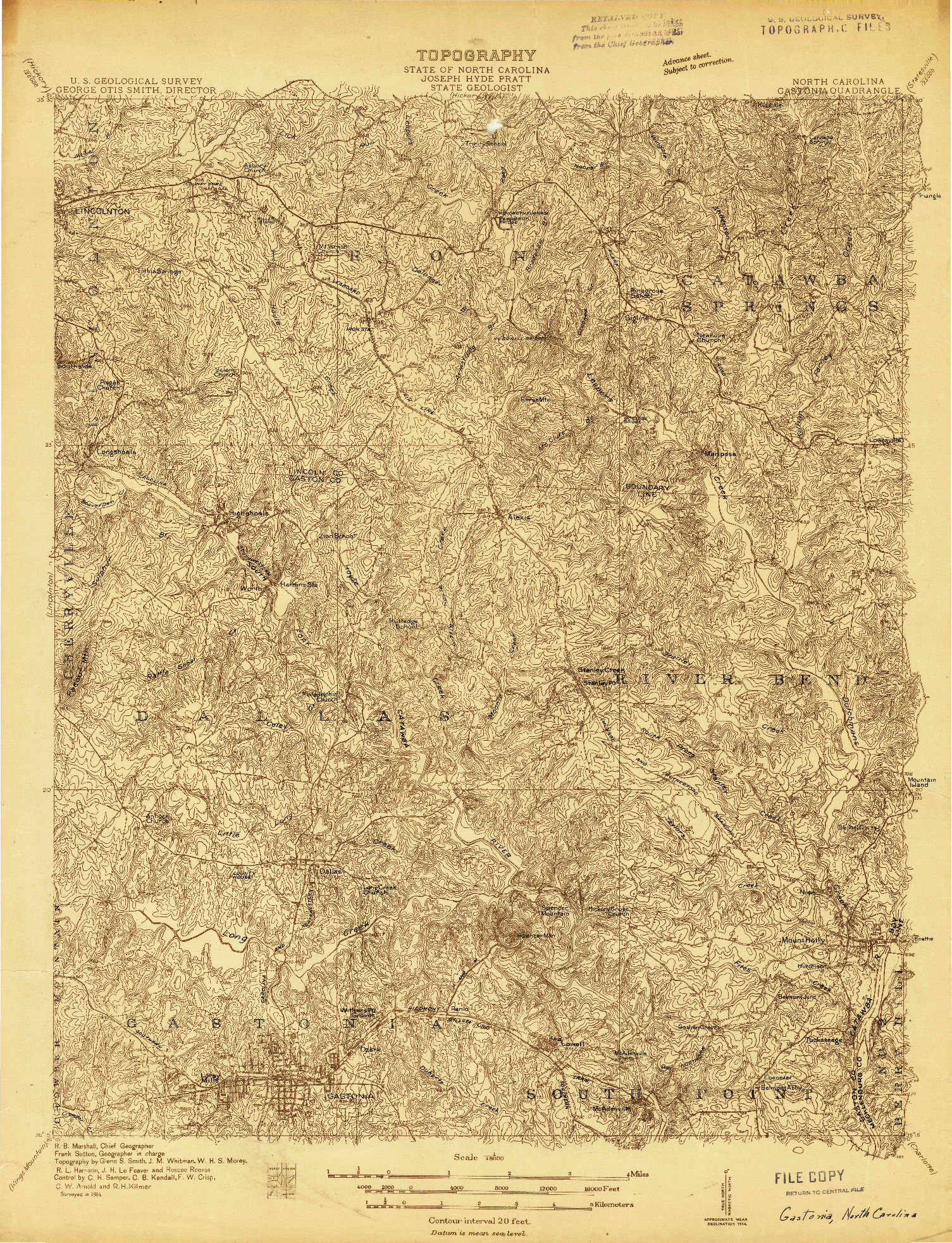 USGS 1:48000-SCALE QUADRANGLE FOR GASTONIA, NC 1914