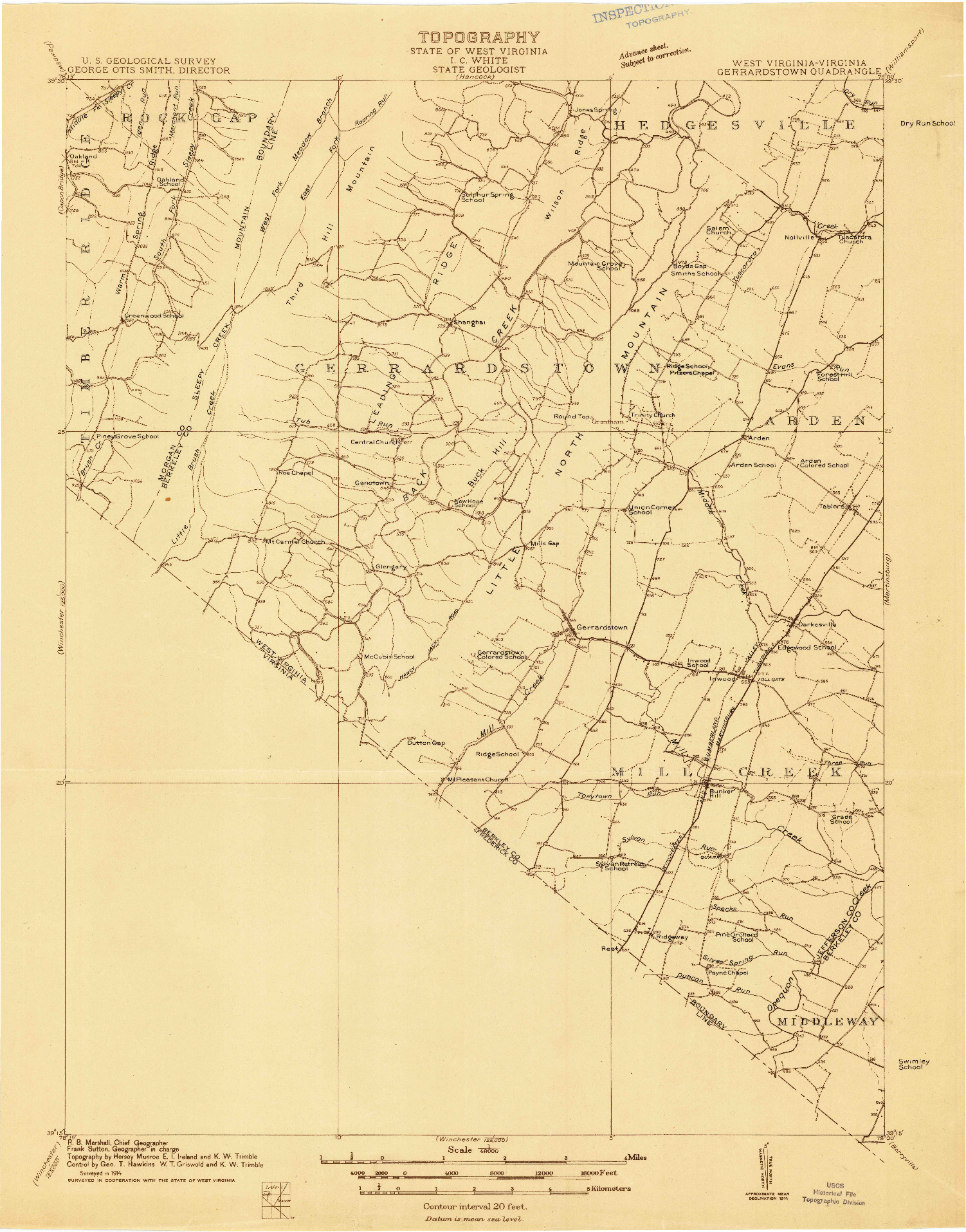 USGS 1:48000-SCALE QUADRANGLE FOR GERRARDSTOWN, WV 1914
