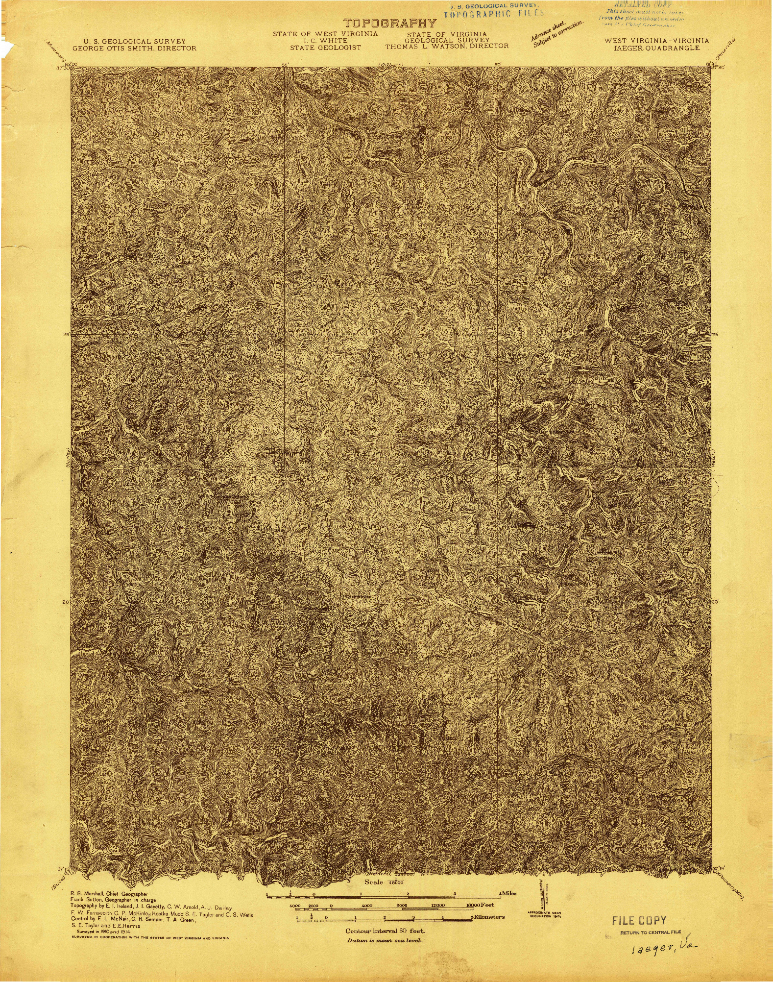 USGS 1:48000-SCALE QUADRANGLE FOR IAEGER, WV 1914