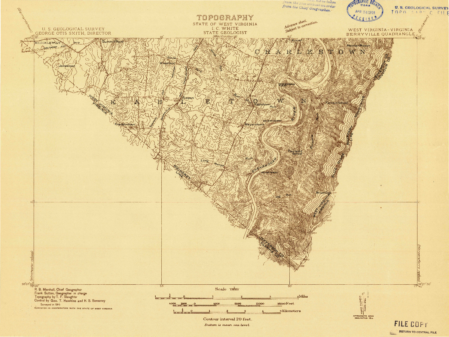 USGS 1:48000-SCALE QUADRANGLE FOR BERRYVILLE, WV 1914