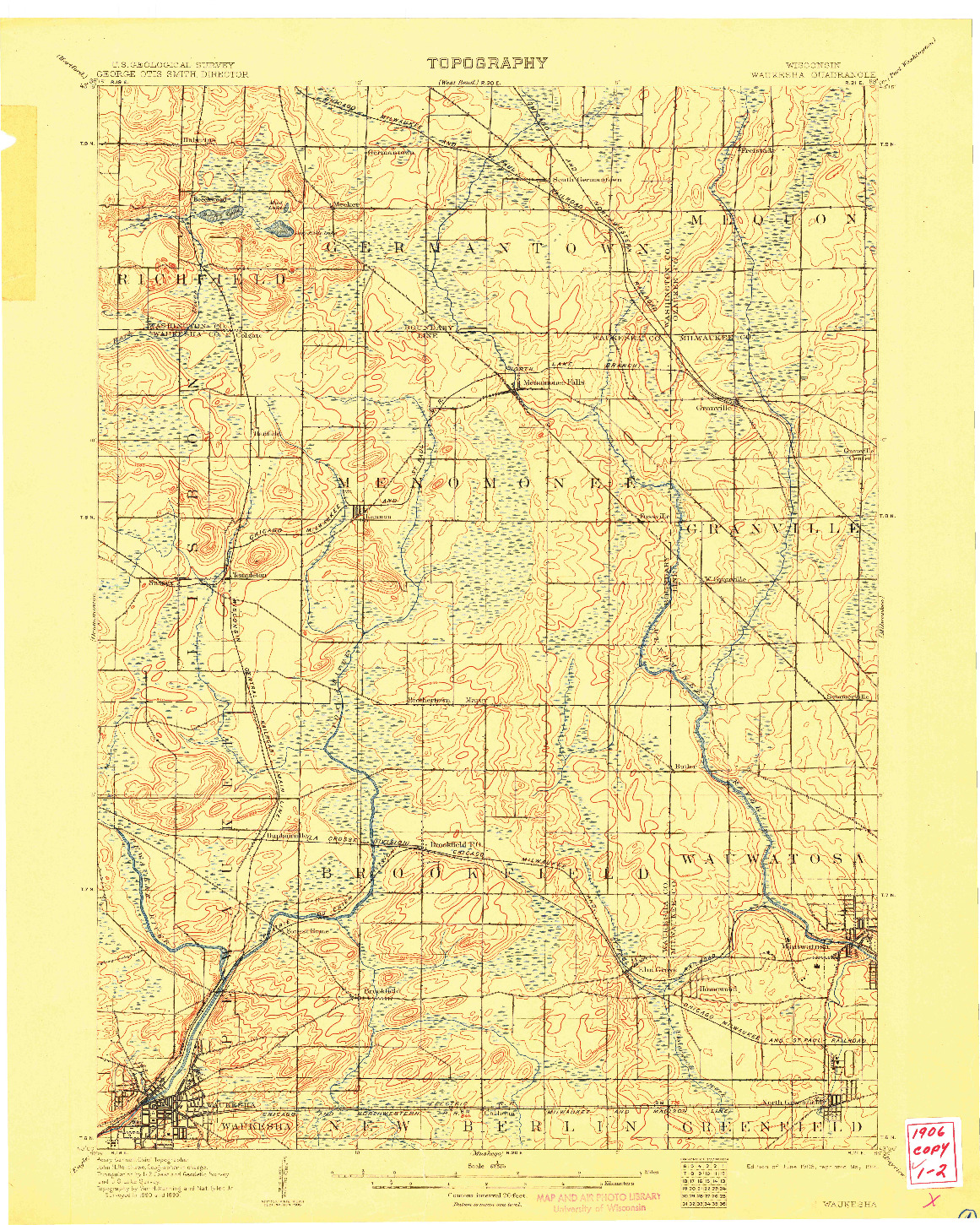 USGS 1:62500-SCALE QUADRANGLE FOR WAUKESHA, WI 1906