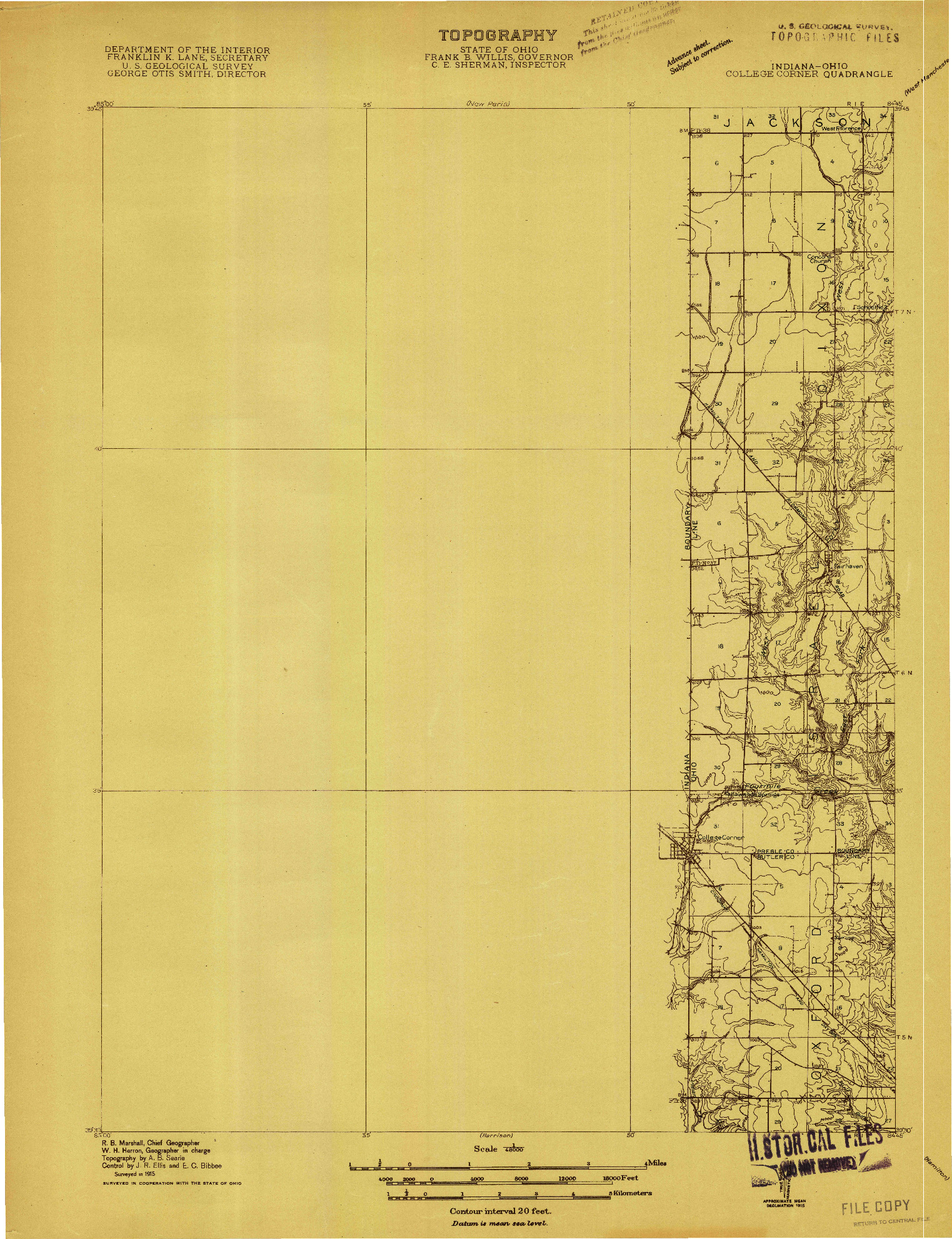USGS 1:48000-SCALE QUADRANGLE FOR COLLEGE CORNER, IN 1915