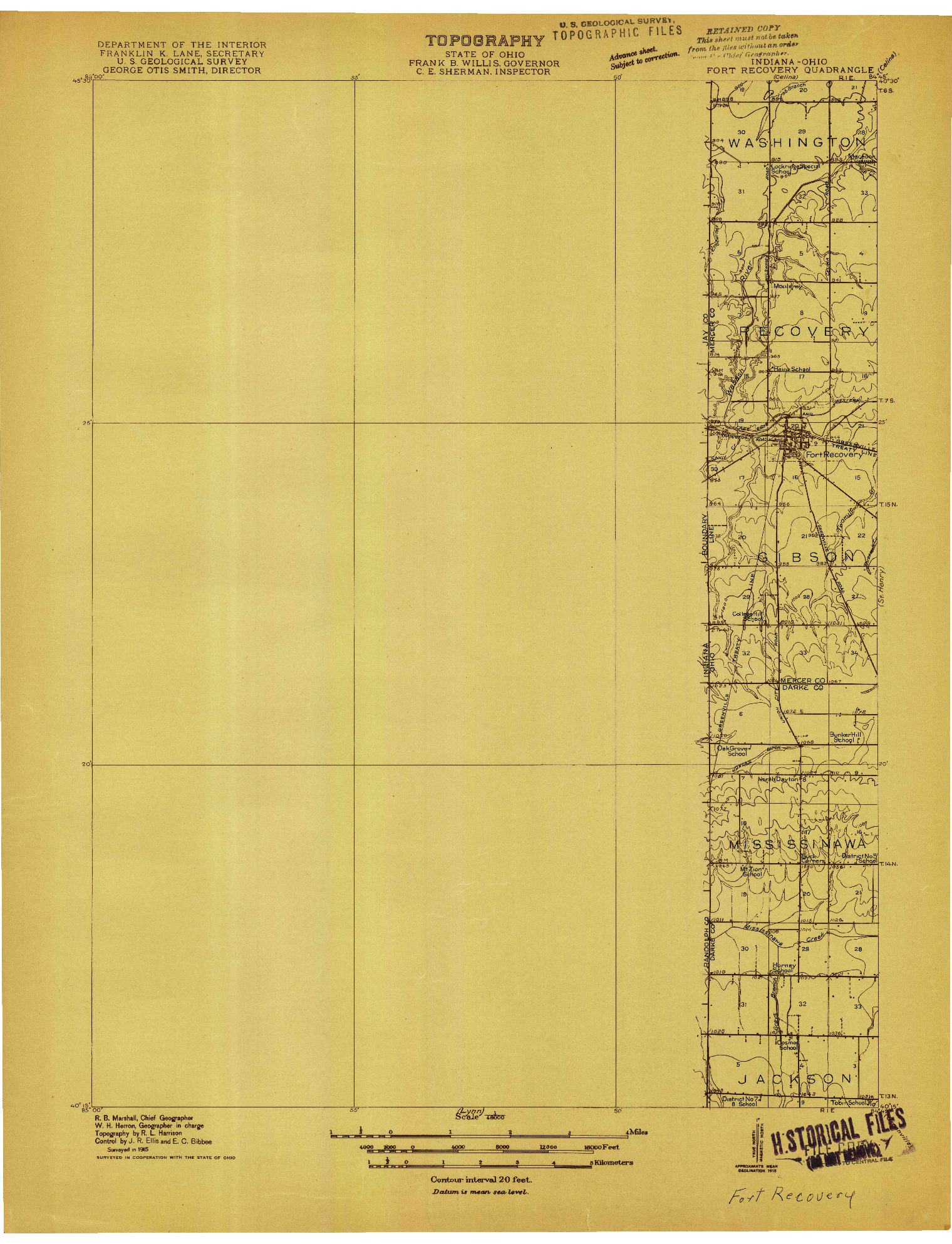 USGS 1:48000-SCALE QUADRANGLE FOR FORT RECOVERY, IN 1915