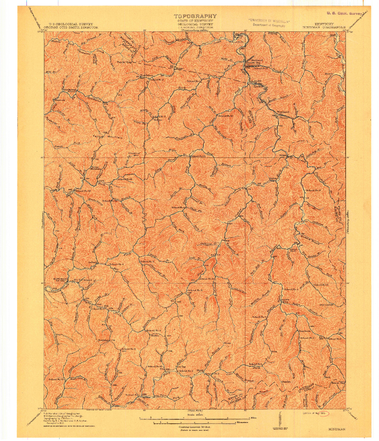 USGS 1:62500-SCALE QUADRANGLE FOR HINDMAN, KY 1915