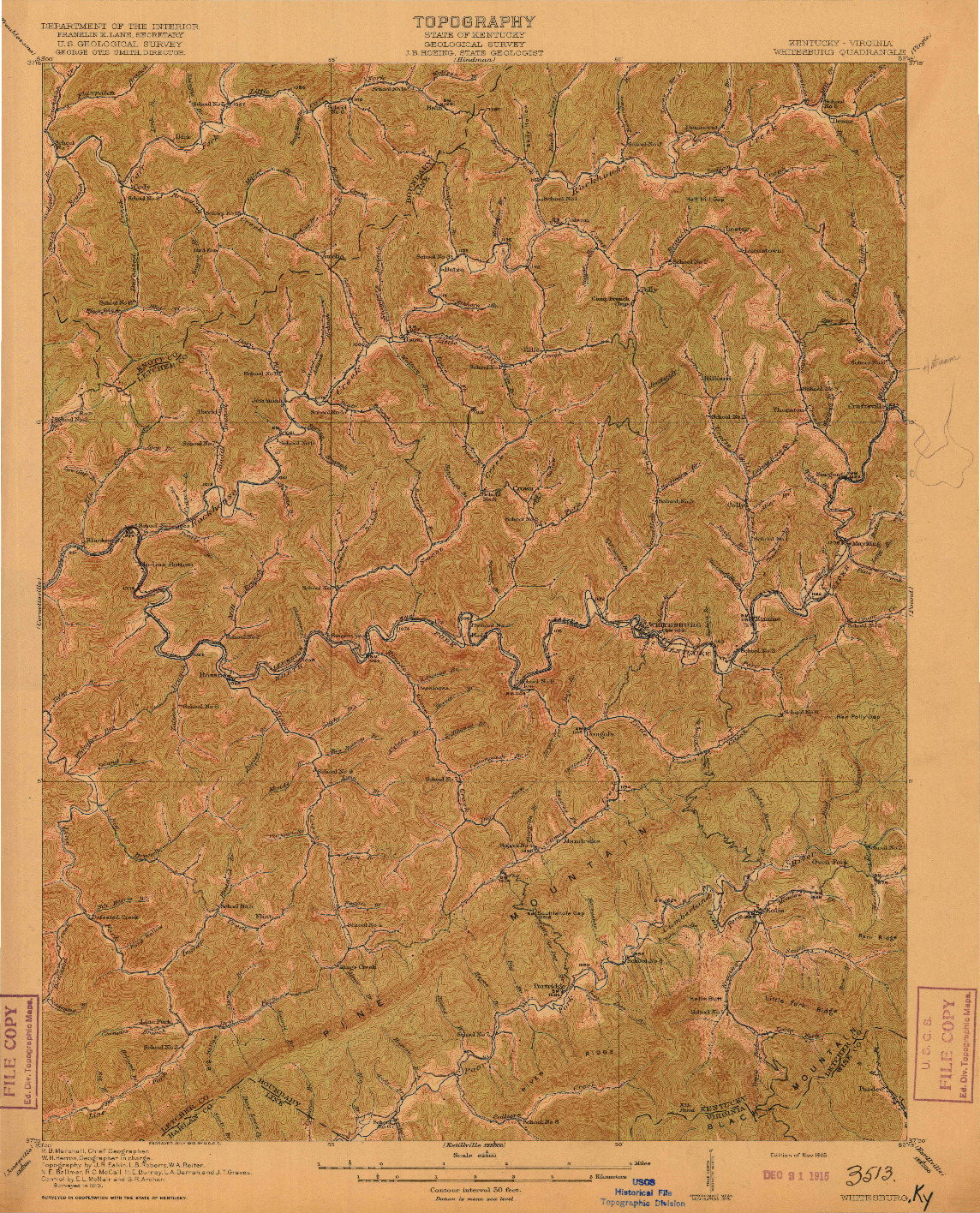 USGS 1:62500-SCALE QUADRANGLE FOR WHITESBURG, KY 1915