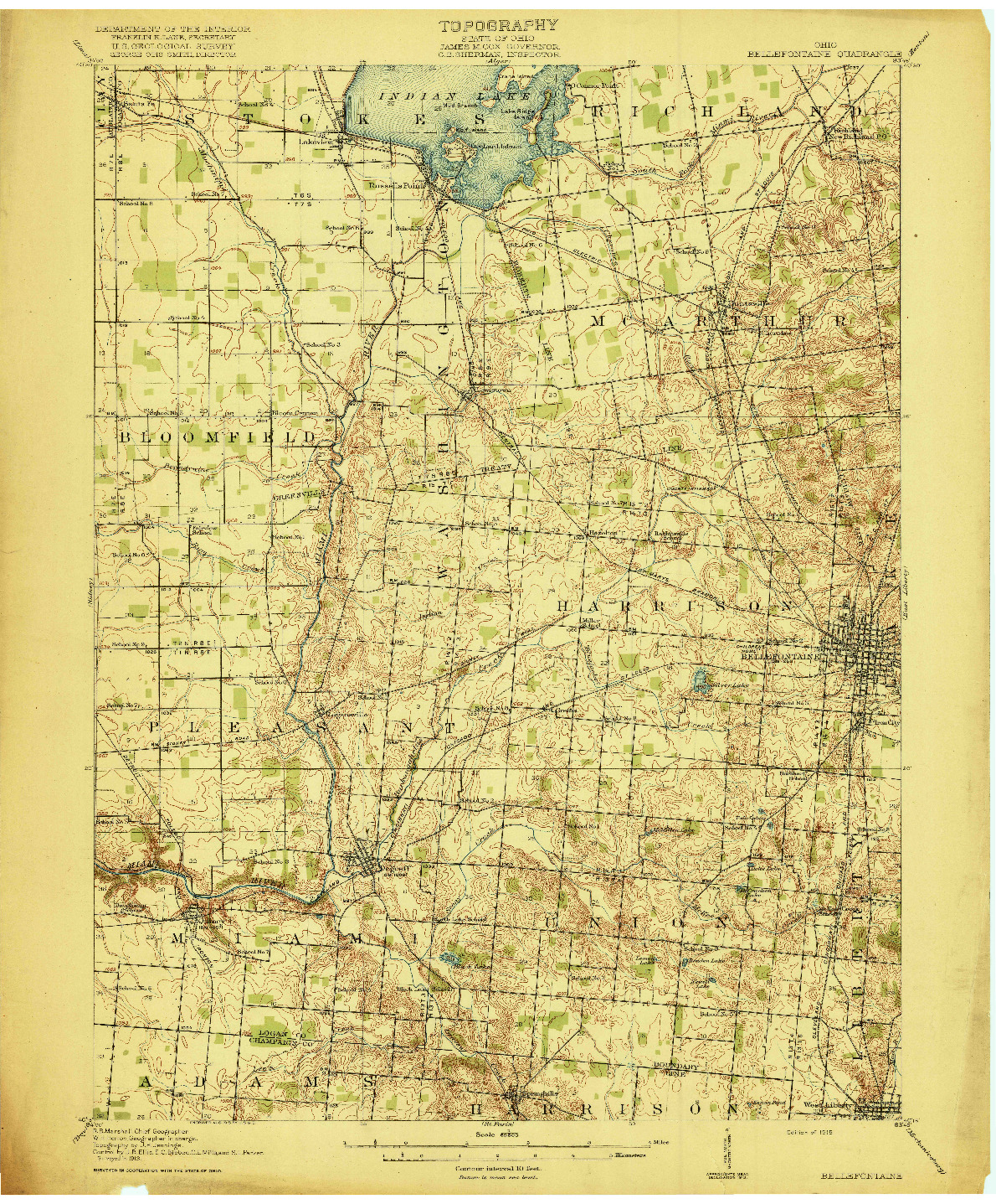 USGS 1:62500-SCALE QUADRANGLE FOR BELLEFONTAINE, OH 1915