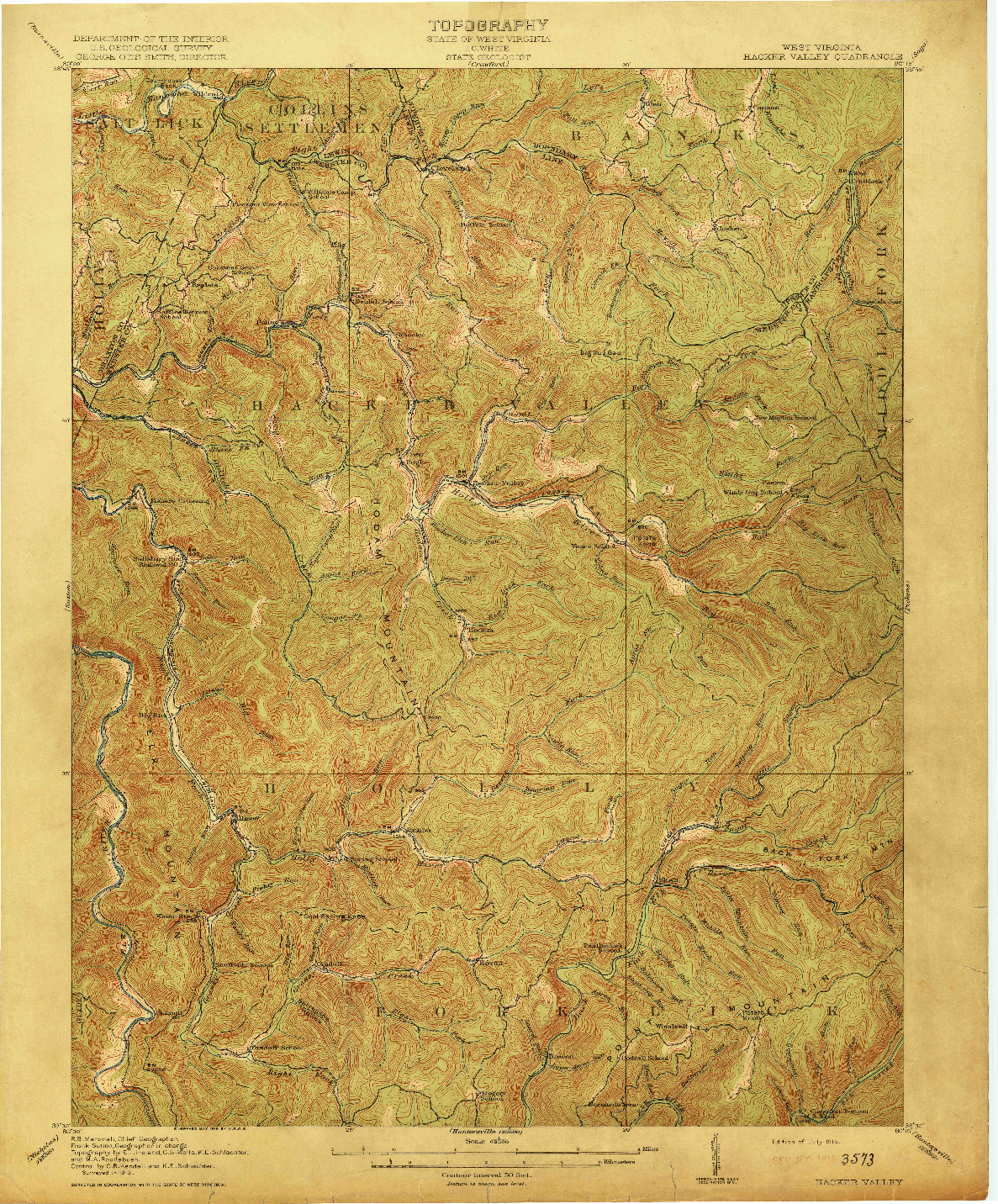 USGS 1:62500-SCALE QUADRANGLE FOR HACKER VALLEY, WV 1915
