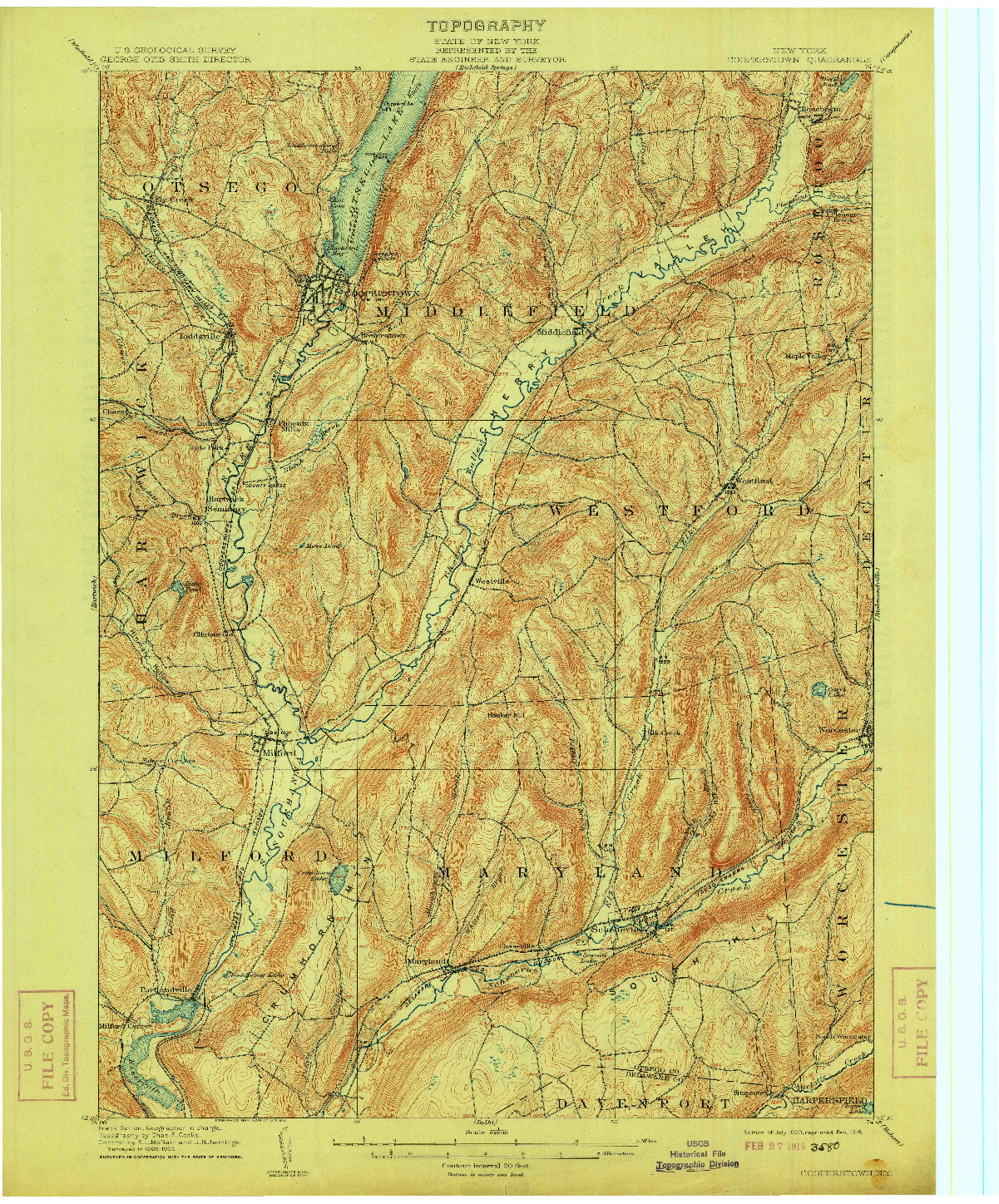 USGS 1:62500-SCALE QUADRANGLE FOR COOPERSTOWN, NY 1909