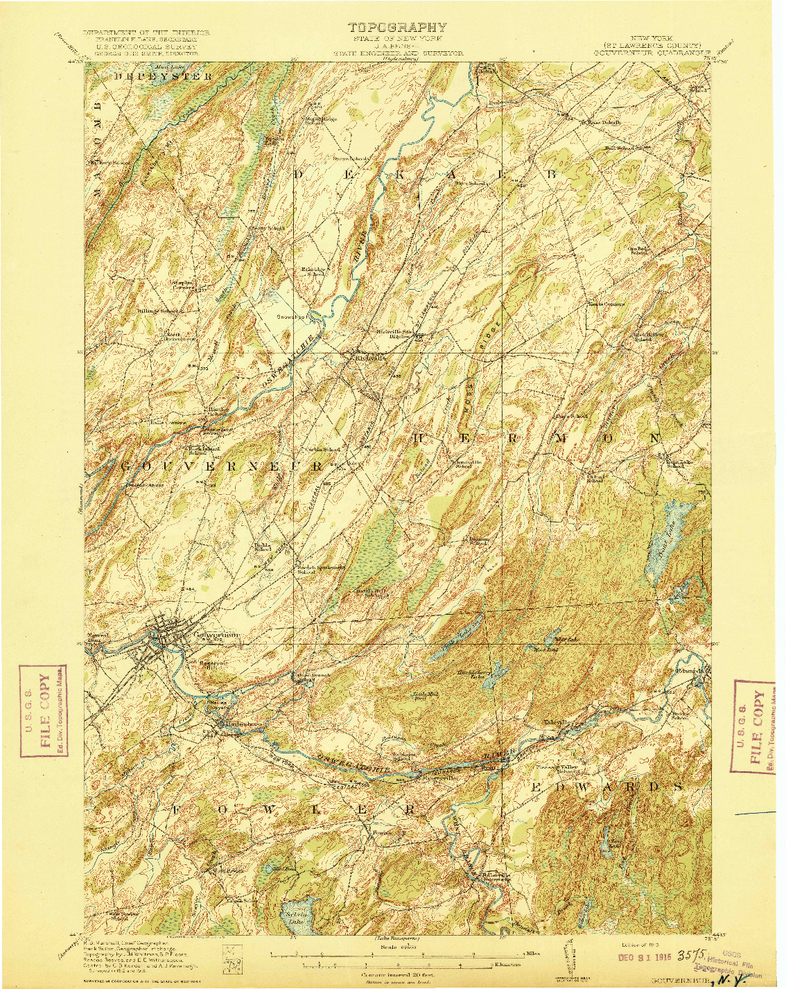 USGS 1:62500-SCALE QUADRANGLE FOR GOUVERNEUR, NY 1915