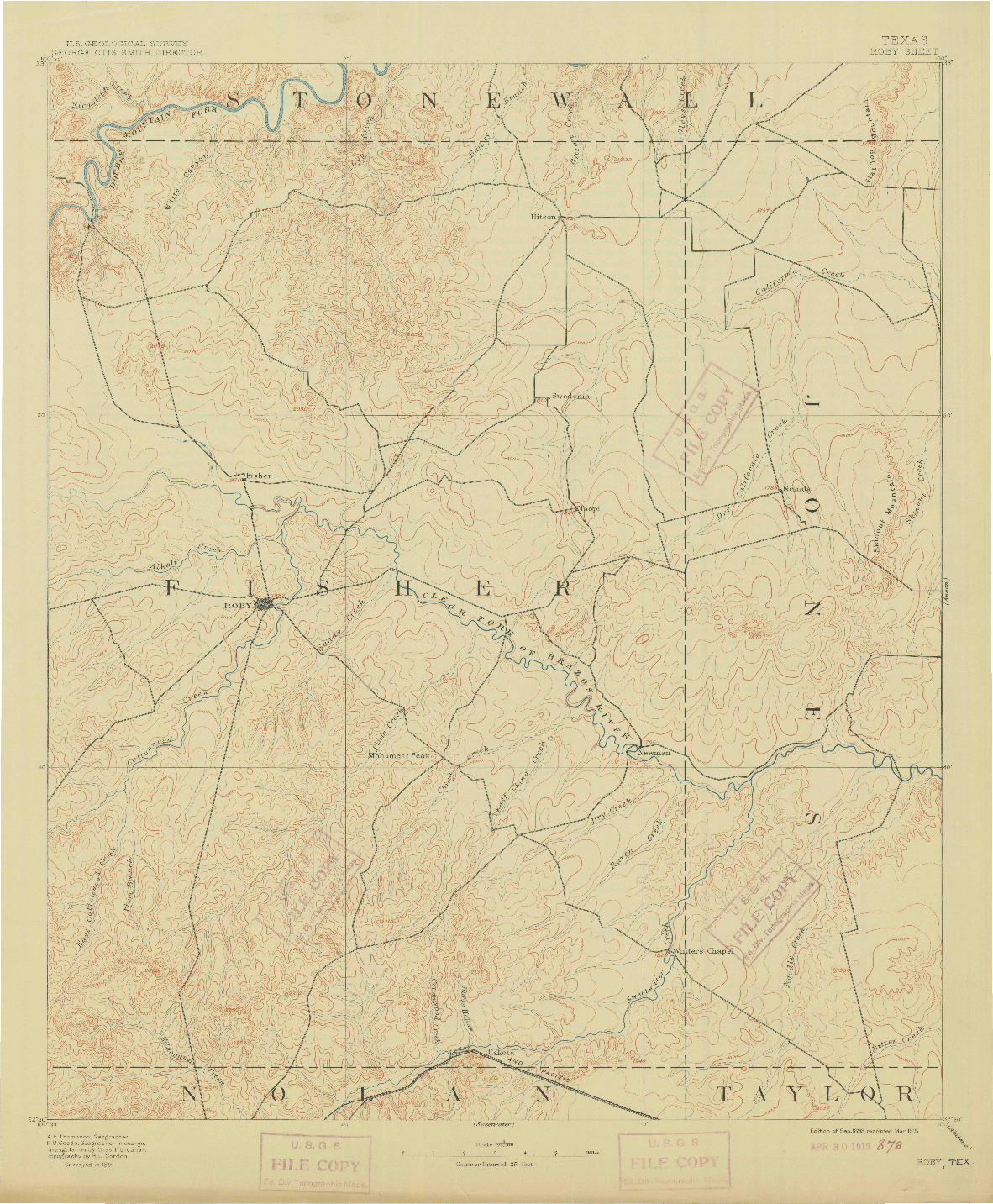 USGS 1:125000-SCALE QUADRANGLE FOR ROBY, TX 1893