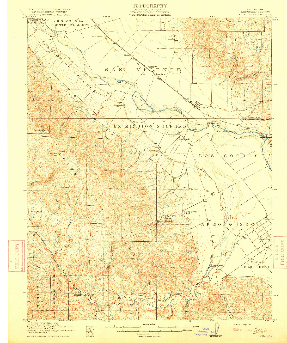 USGS 1:62500-SCALE QUADRANGLE FOR SOLEDAD, CA 1915