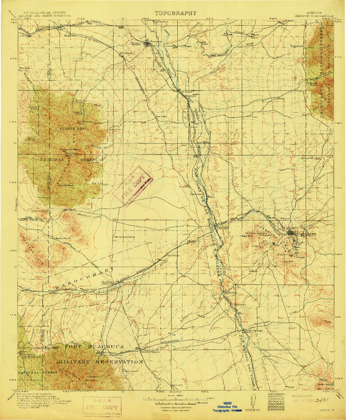 USGS 1:125000-SCALE QUADRANGLE FOR BENSON, AZ 1915