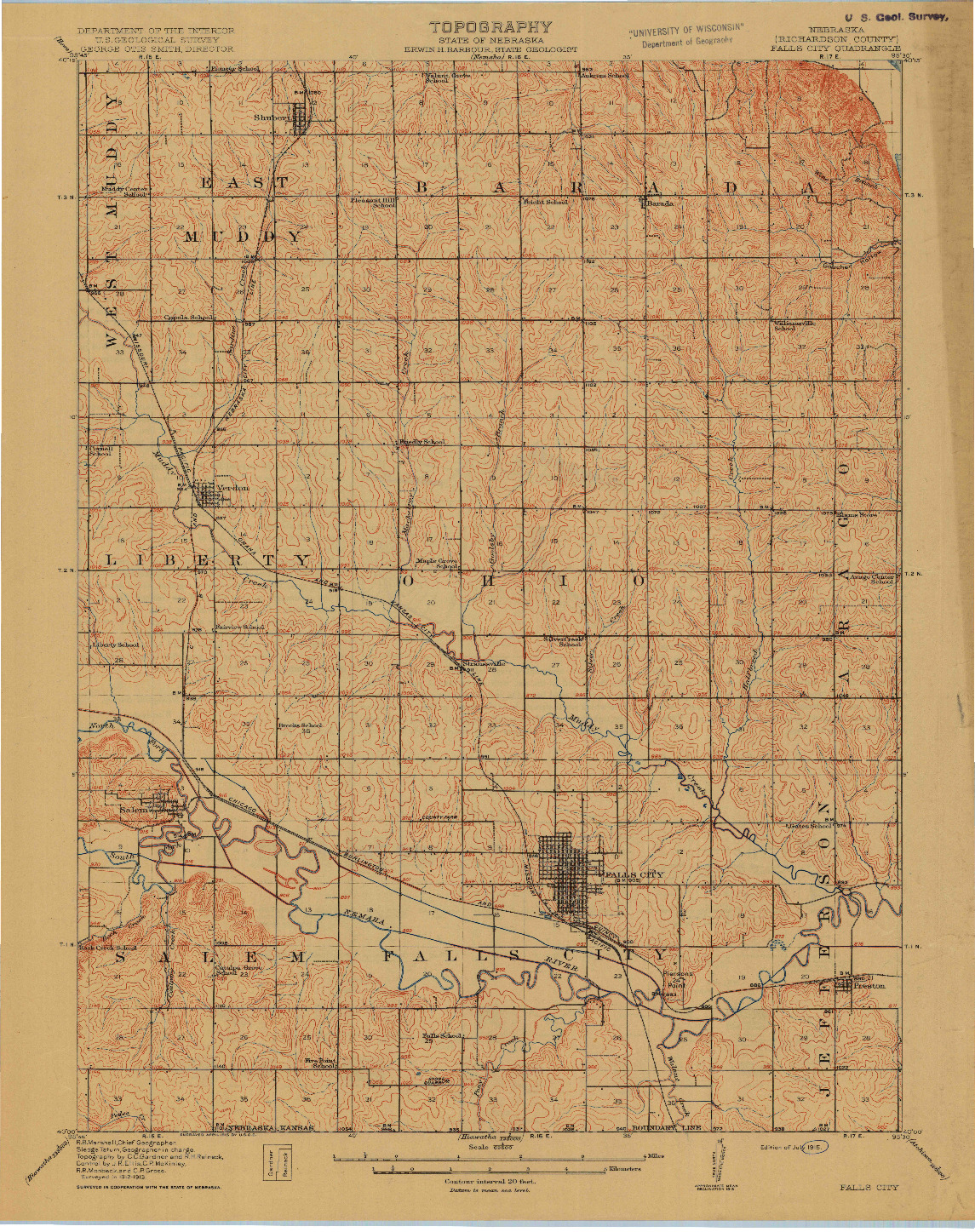 USGS 1:62500-SCALE QUADRANGLE FOR FALLS CITY, NE 1915