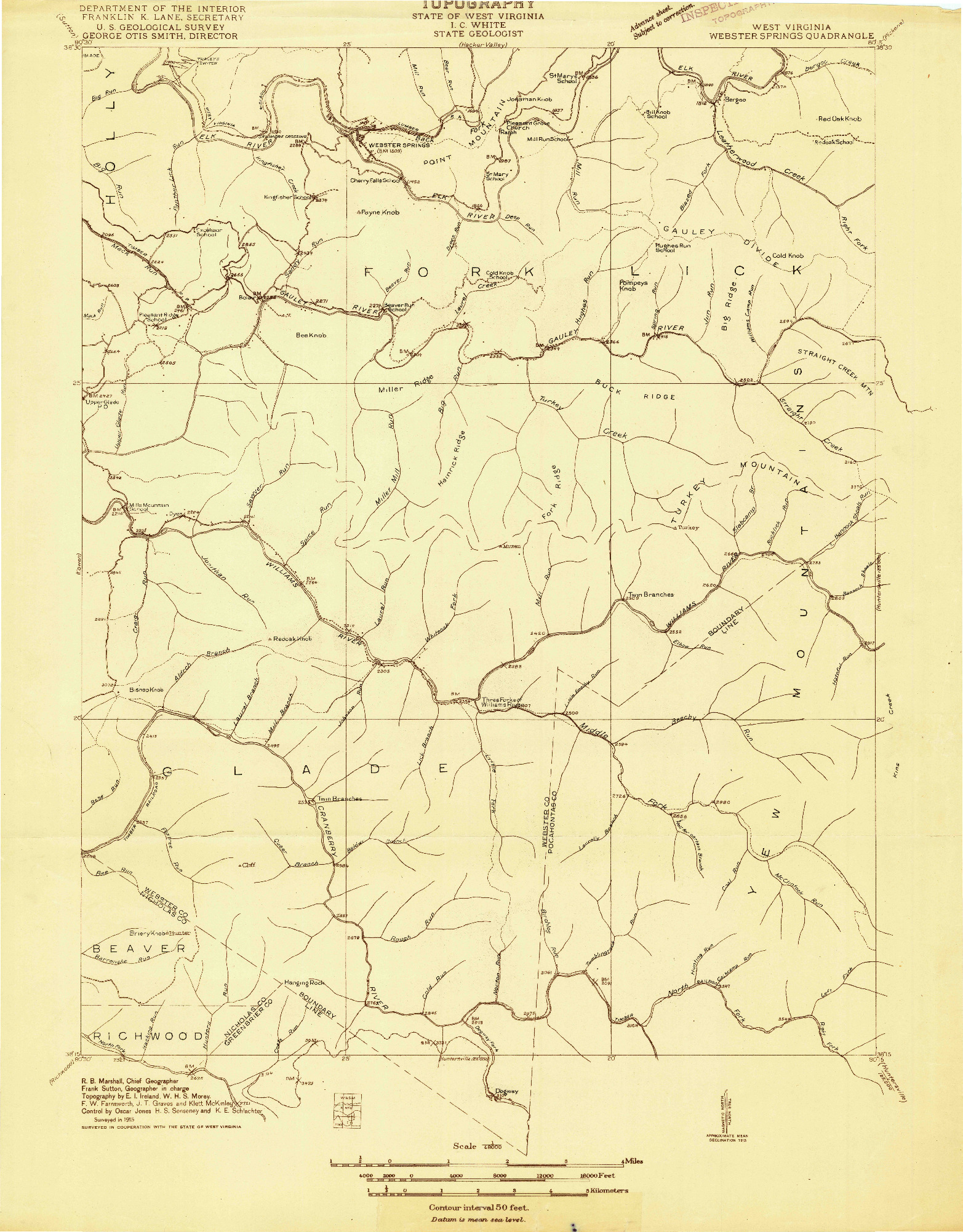 USGS 1:48000-SCALE QUADRANGLE FOR WEBSTER SPRINGS, WV 1915