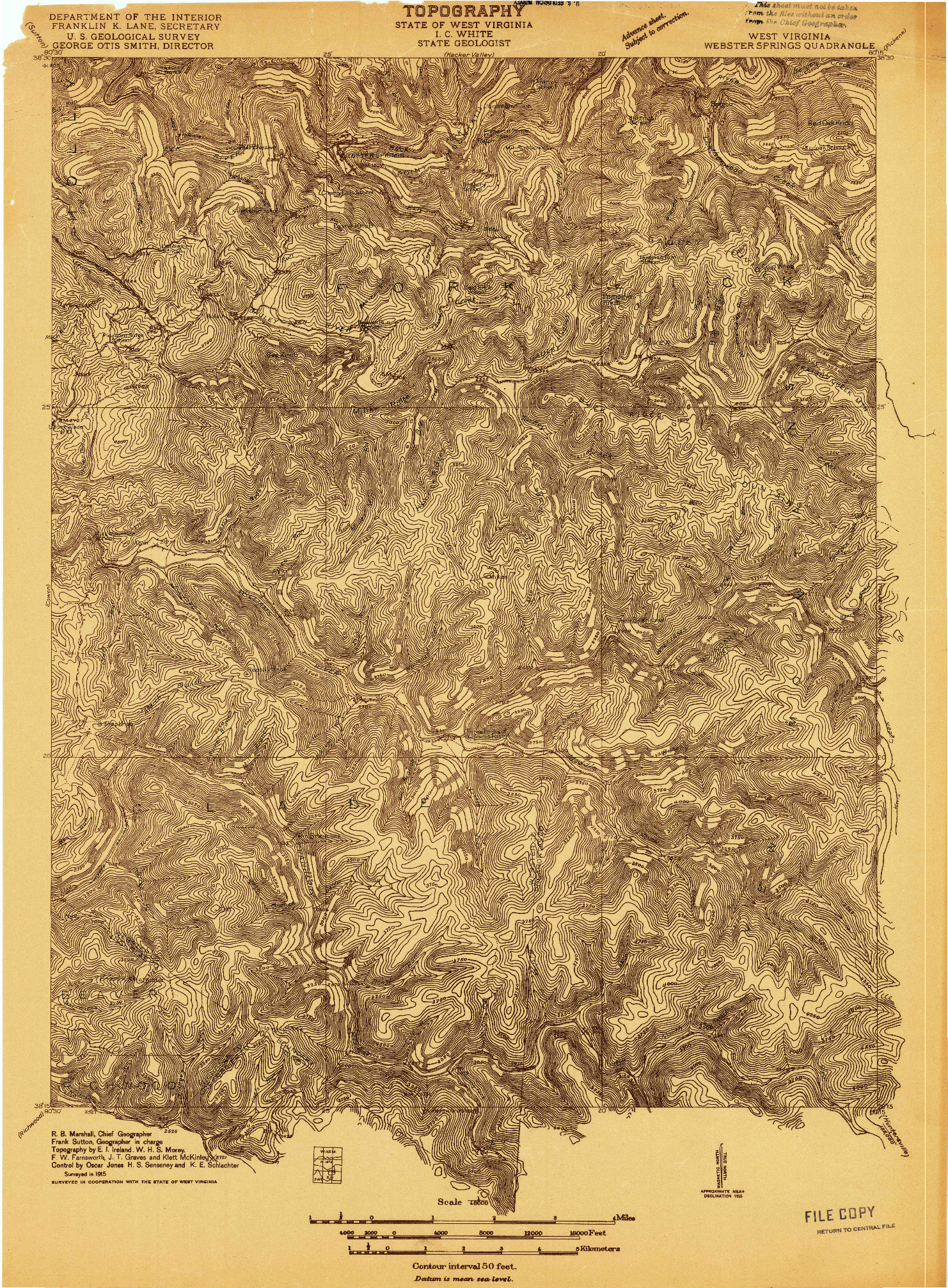 USGS 1:48000-SCALE QUADRANGLE FOR WEBSTER SPRINGS, WV 1915