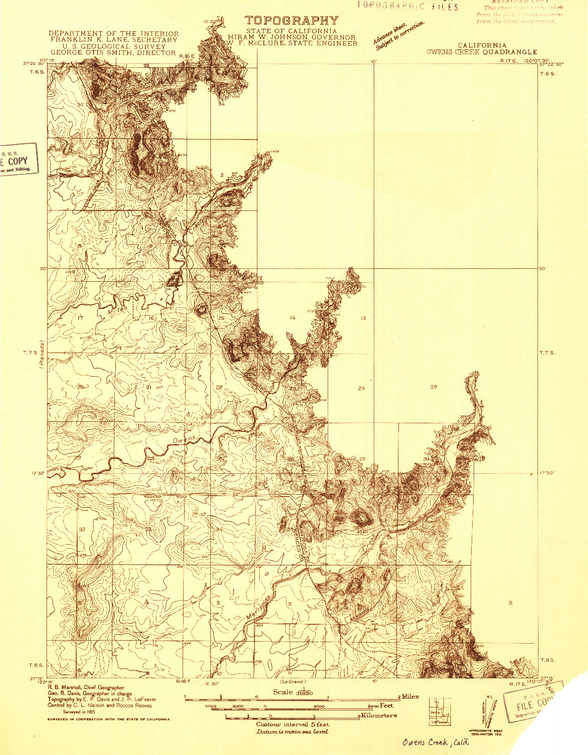 USGS 1:31680-SCALE QUADRANGLE FOR OWENS CREEK, CA 1915