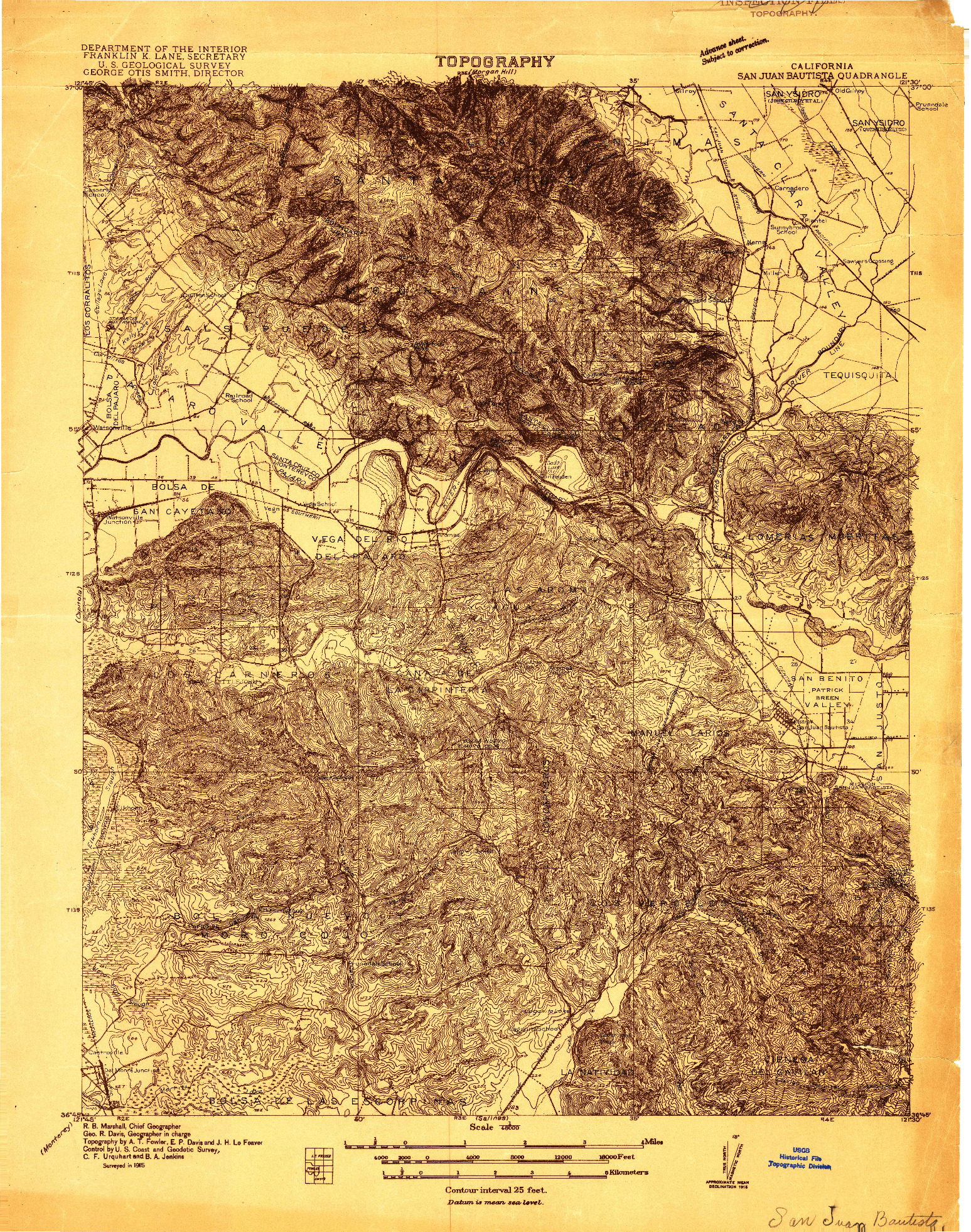 USGS 1:48000-SCALE QUADRANGLE FOR SAN JUAN BAUTISTA, CA 1915