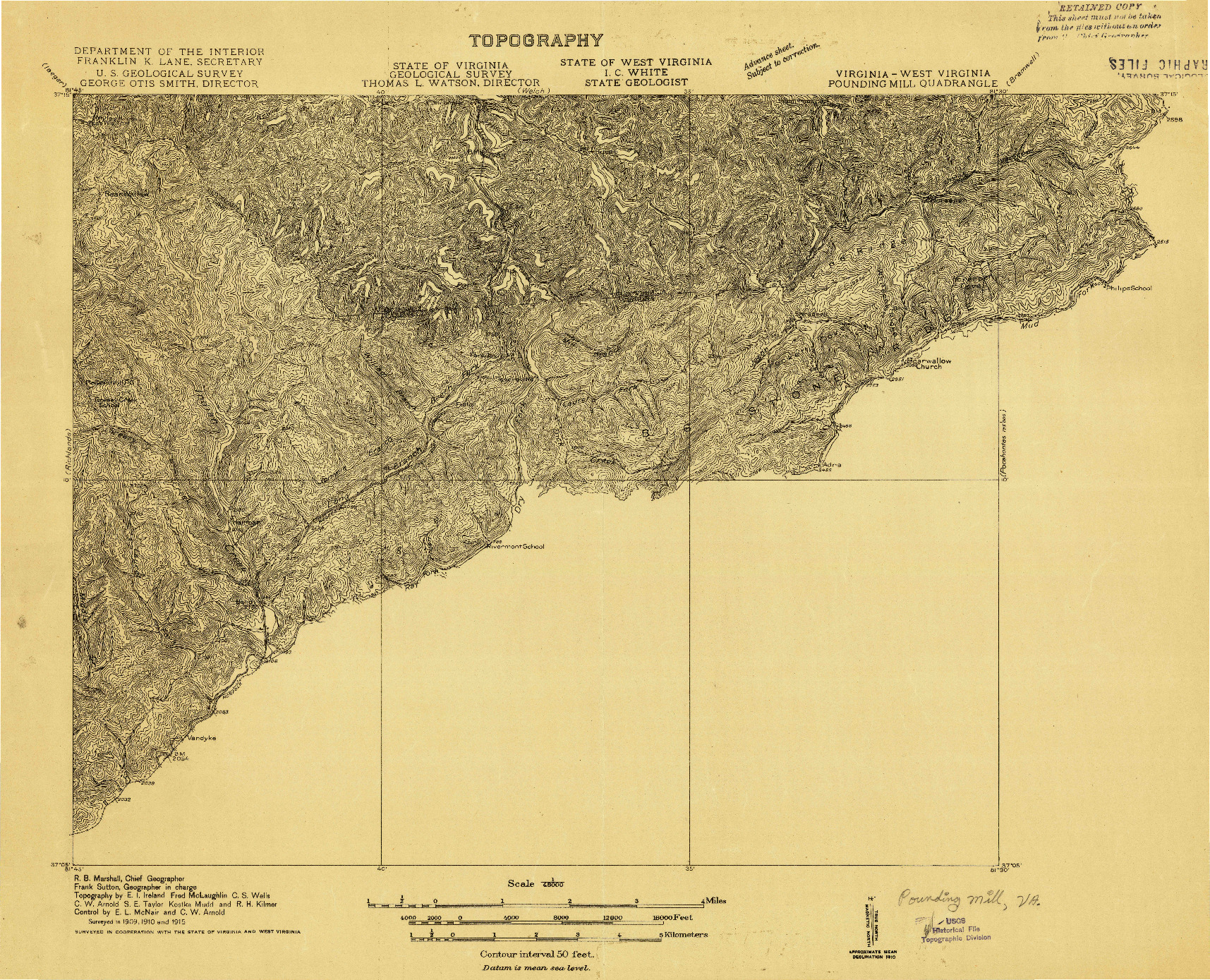 USGS 1:48000-SCALE QUADRANGLE FOR POUNDING MILL, VA 1915