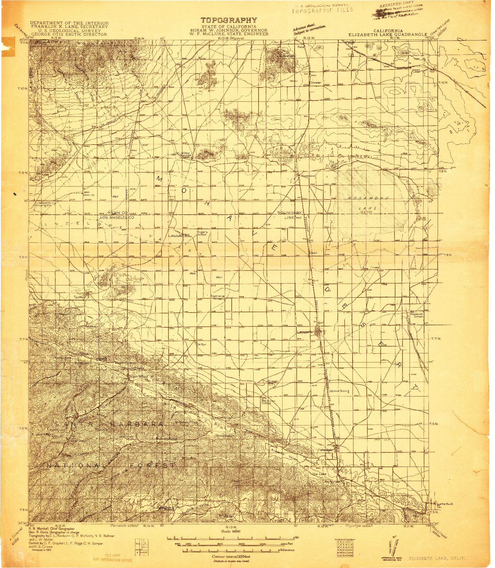 USGS 1:96000-SCALE QUADRANGLE FOR ELIZABETH LAKE, CA 1915