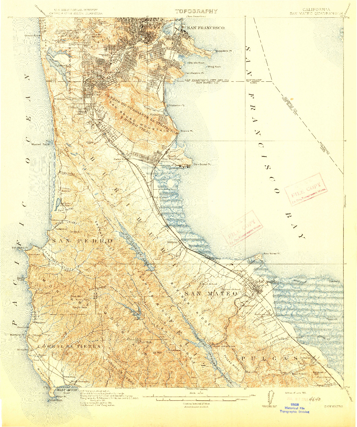 USGS 1:62500-SCALE QUADRANGLE FOR SAN MATEO, CA 1915