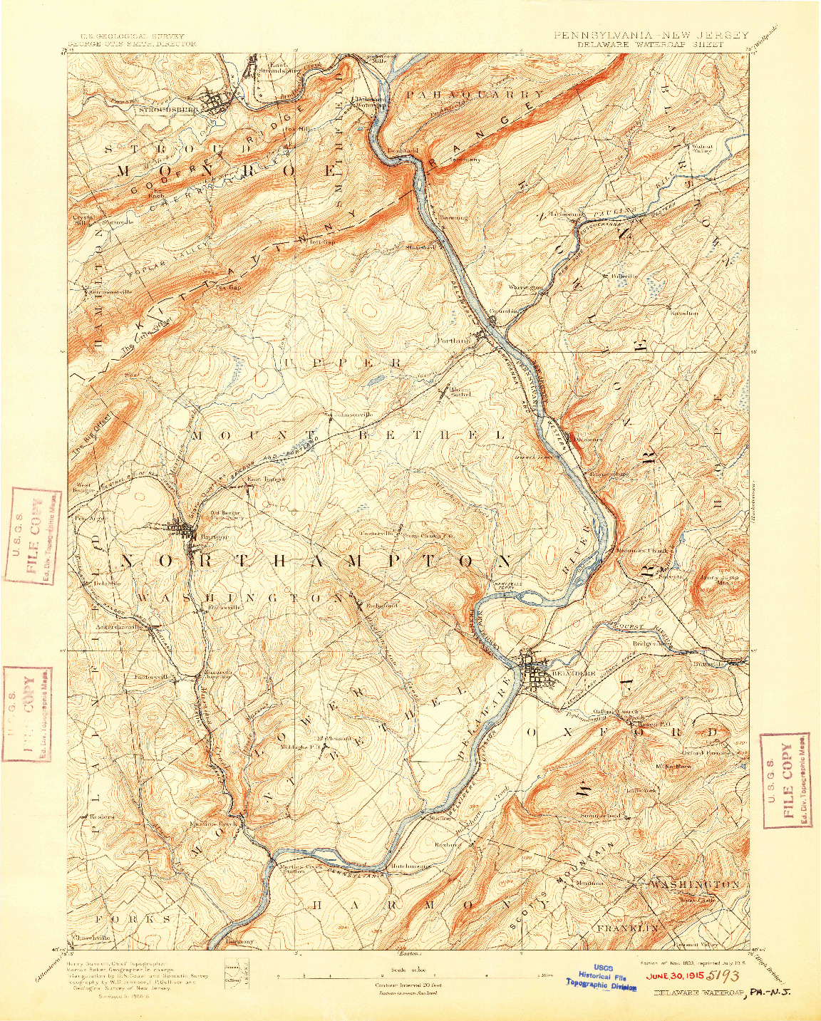 USGS 1:62500-SCALE QUADRANGLE FOR DELAWARE WATERGAP, PA 1893