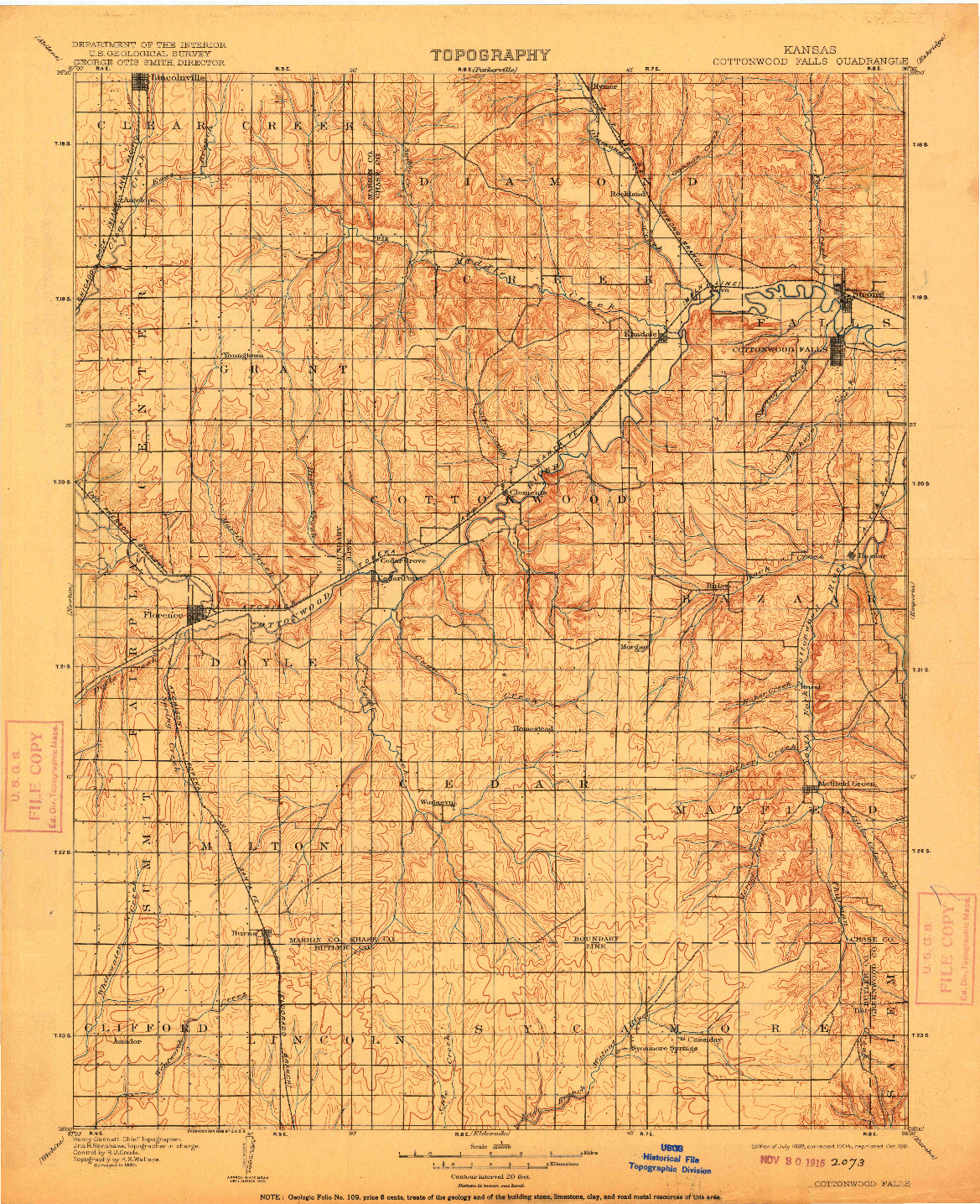 USGS 1:125000-SCALE QUADRANGLE FOR COTTONWOOD FALLS, KS 1898