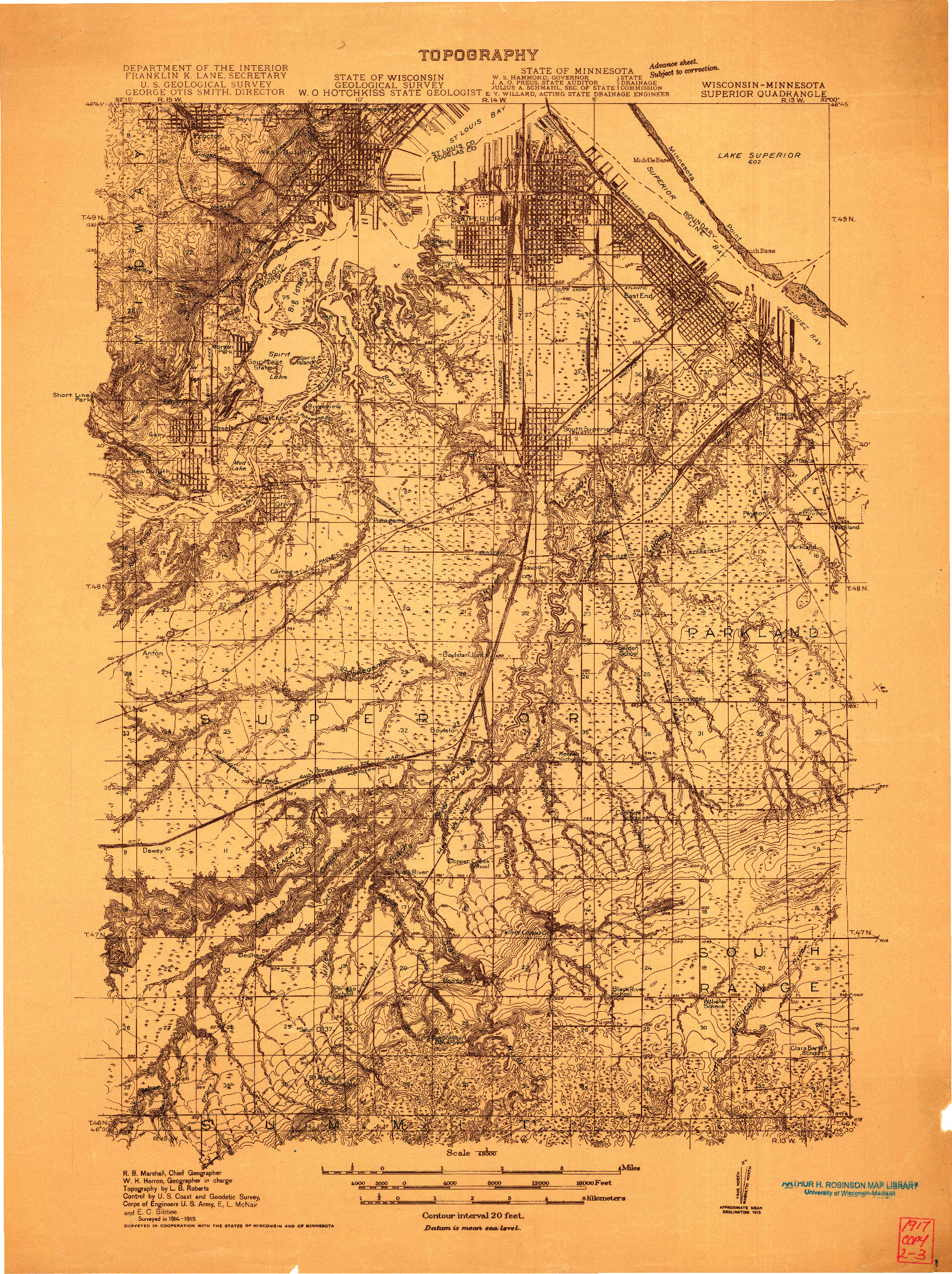 USGS 1:48000-SCALE QUADRANGLE FOR SUPERIOR, WI 1915