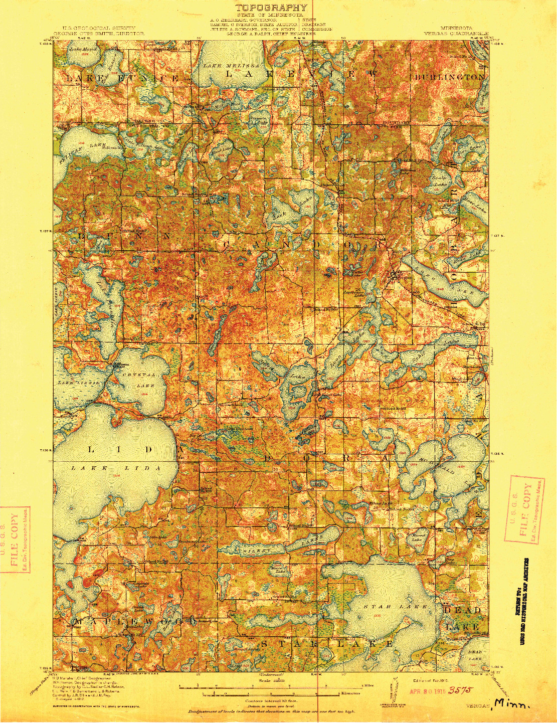 USGS 1:62500-SCALE QUADRANGLE FOR VERGAS, MN 1915