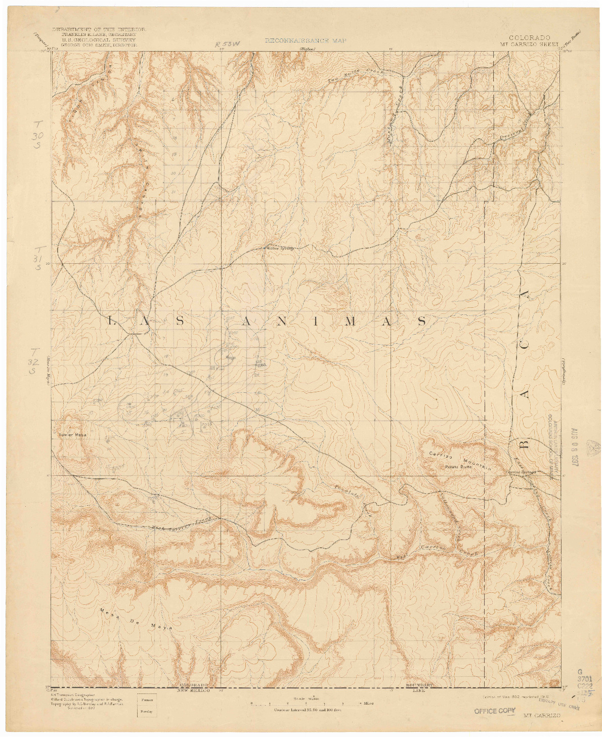 USGS 1:125000-SCALE QUADRANGLE FOR MT CARRIZO, CO 1892