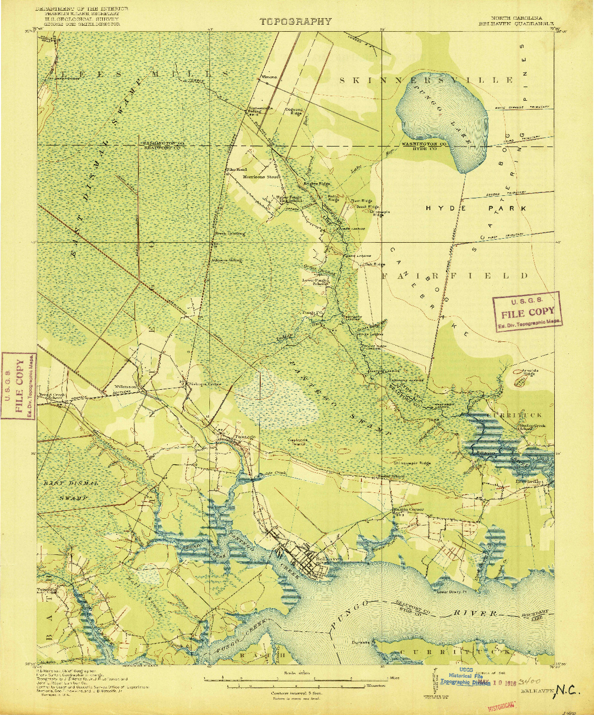 USGS 1:62500-SCALE QUADRANGLE FOR BELHAVEN, NC 1916