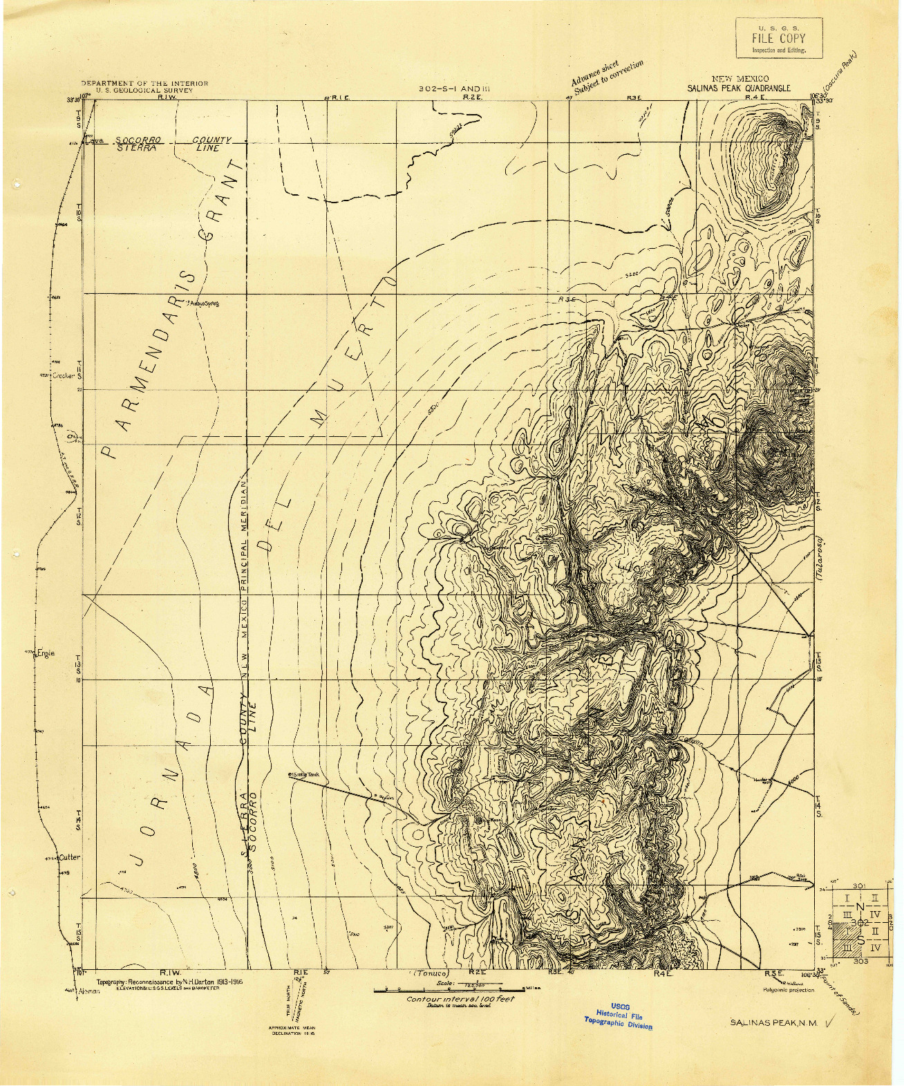 USGS 1:125000-SCALE QUADRANGLE FOR SALINAS PEAK, NM 1916