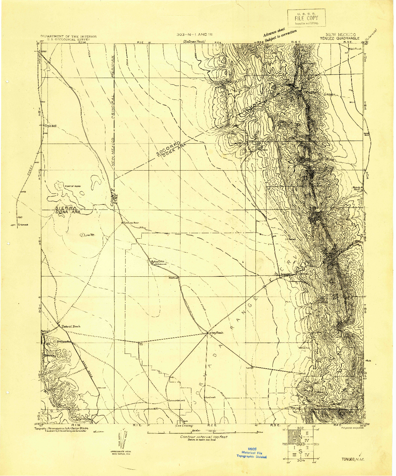 USGS 1:125000-SCALE QUADRANGLE FOR TONUCO, NM 1916