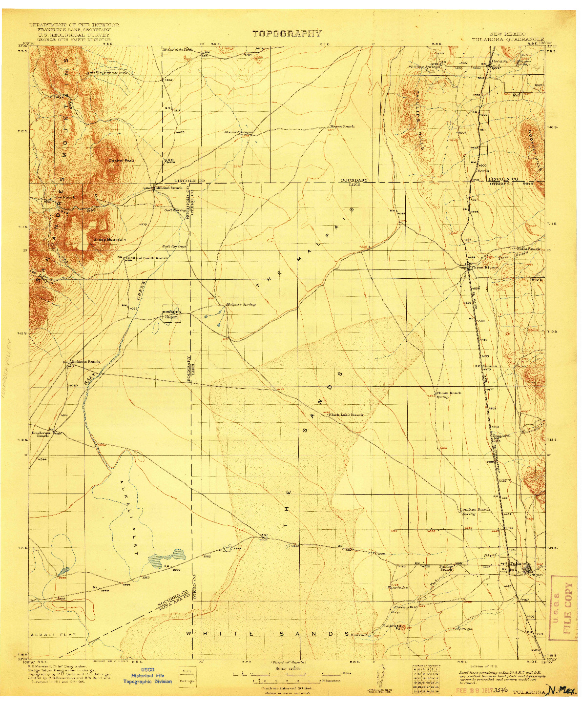 USGS 1:125000-SCALE QUADRANGLE FOR TULAROSA, NM 1916