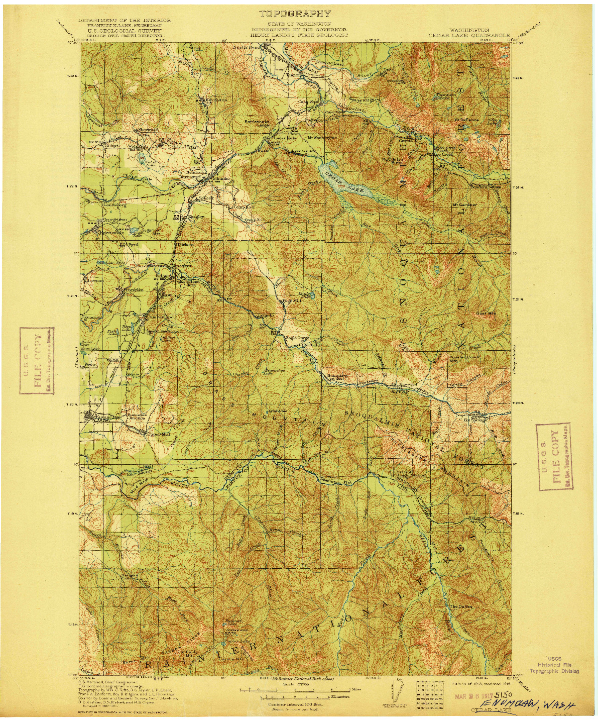 USGS 1:125000-SCALE QUADRANGLE FOR CEDAR LAKE, WA 1913