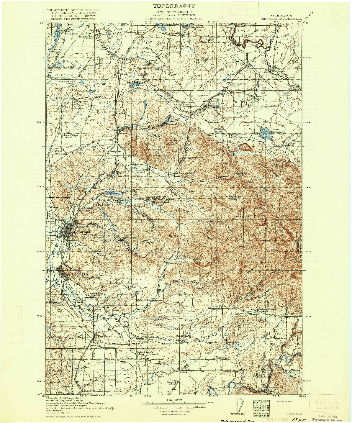 USGS 1:125000-SCALE QUADRANGLE FOR CHEHALIS, WA 1916
