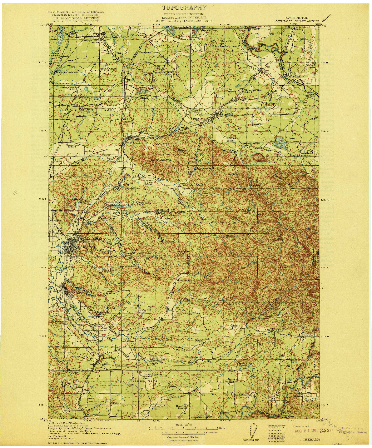 USGS 1:125000-SCALE QUADRANGLE FOR CHEHALIS, WA 1916