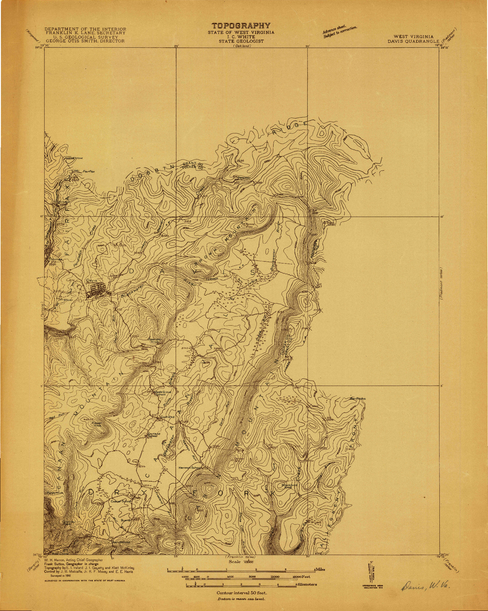 USGS 1:48000-SCALE QUADRANGLE FOR DAVIS, WV 1916