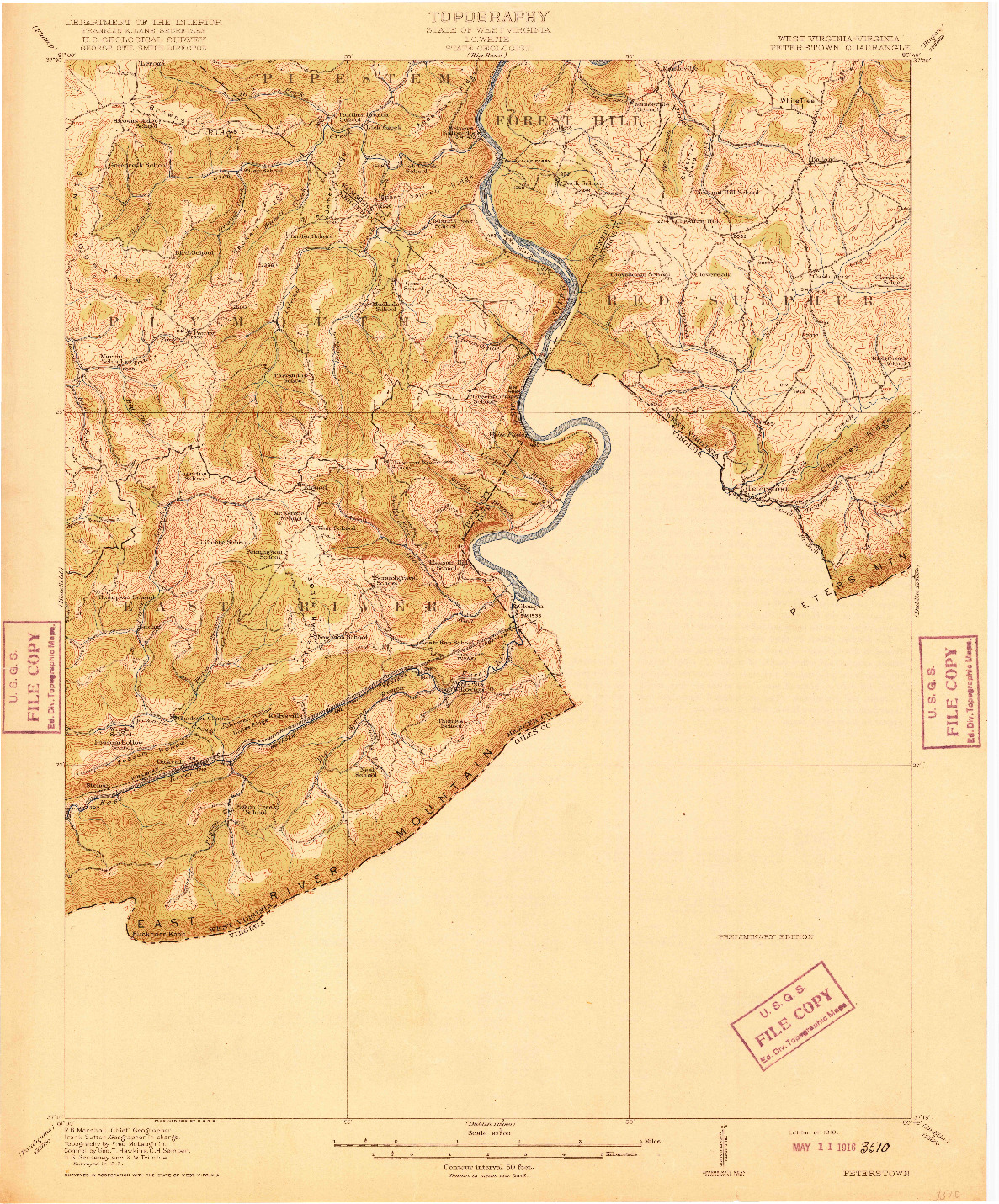 USGS 1:62500-SCALE QUADRANGLE FOR PETERSTOWN, WV 1916