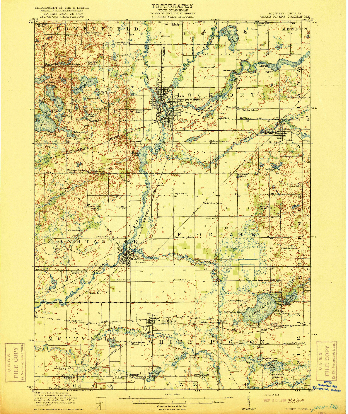 USGS 1:62500-SCALE QUADRANGLE FOR THREE RIVERS, MI 1916