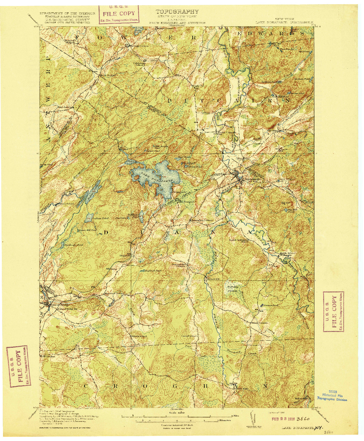 USGS 1:62500-SCALE QUADRANGLE FOR LAKE BONAPARTE, NY 1916