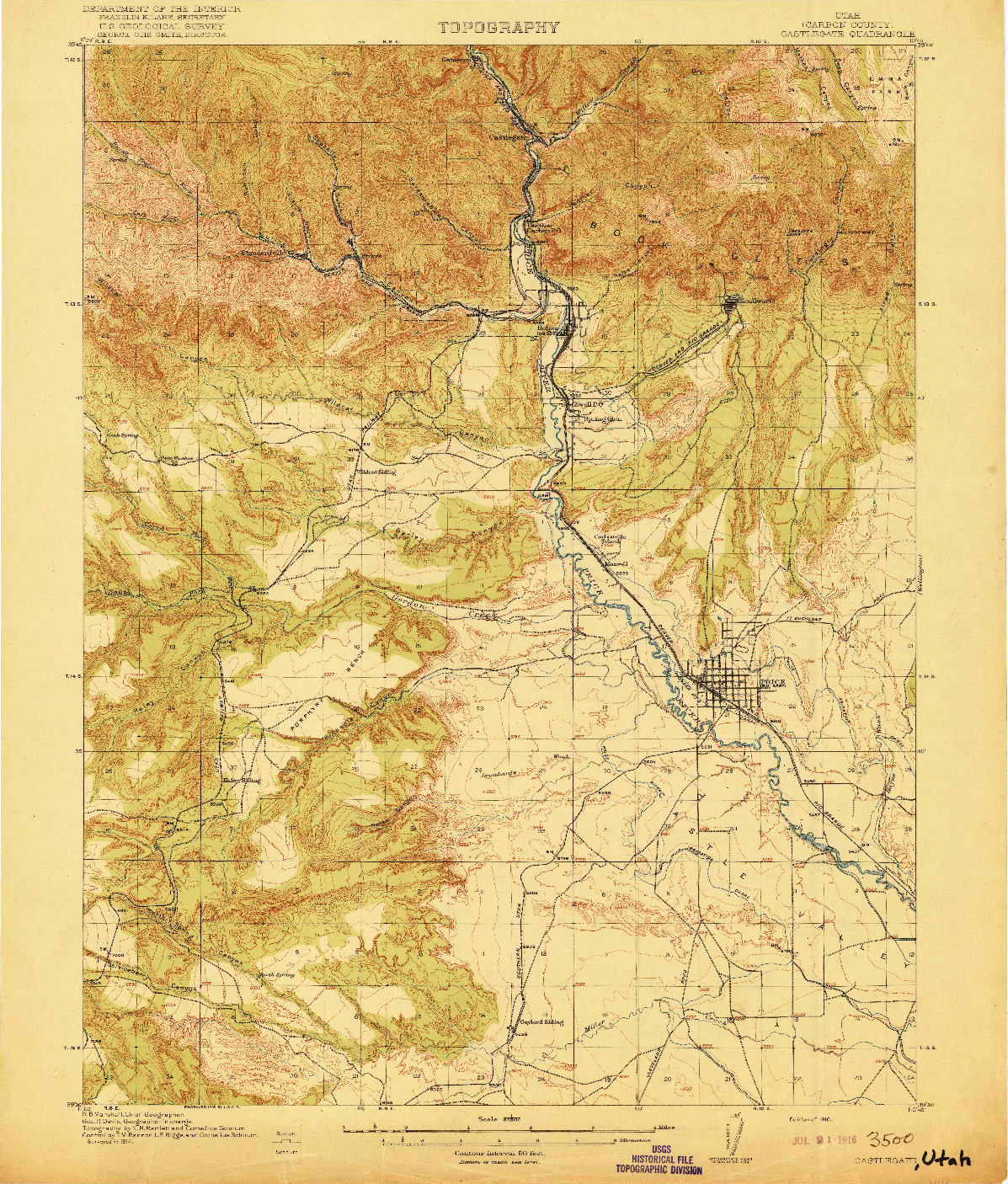 USGS 1:62500-SCALE QUADRANGLE FOR CASTLEGATE, UT 1916