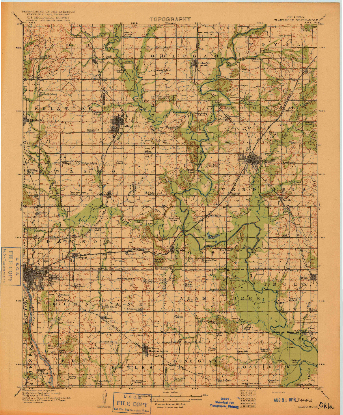 USGS 1:125000-SCALE QUADRANGLE FOR CLAREMORE, OK 1916