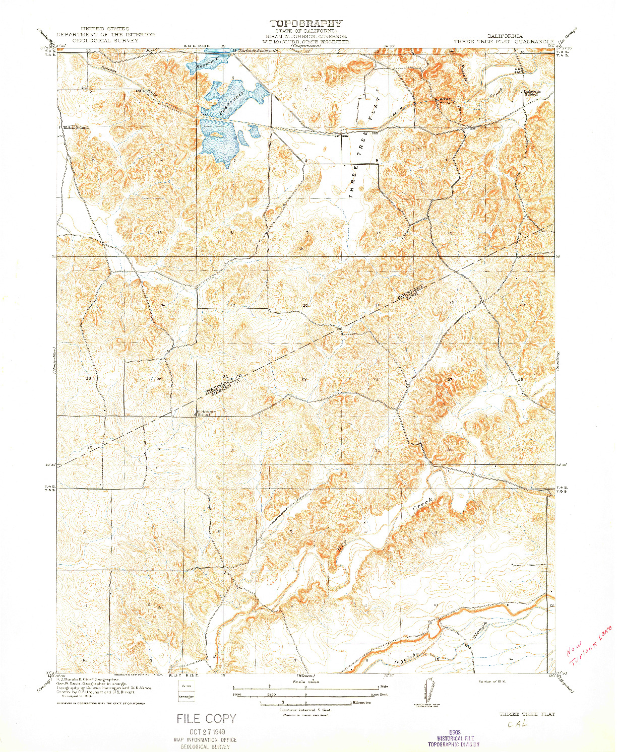 USGS 1:31680-SCALE QUADRANGLE FOR THREE TREE FLAT, CA 1916