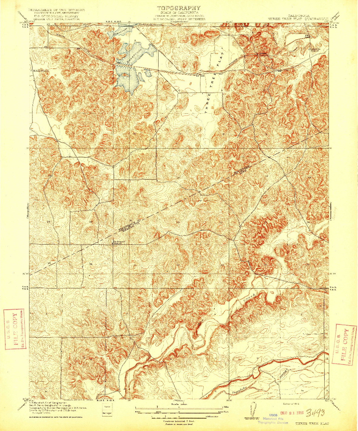 USGS 1:31680-SCALE QUADRANGLE FOR THREE TREE FLAT, CA 1916