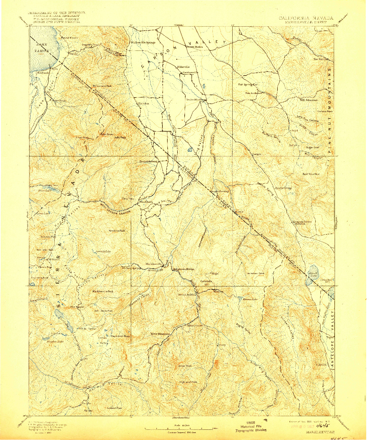 USGS 1:125000-SCALE QUADRANGLE FOR MARKLEEVILLE, CA 1893