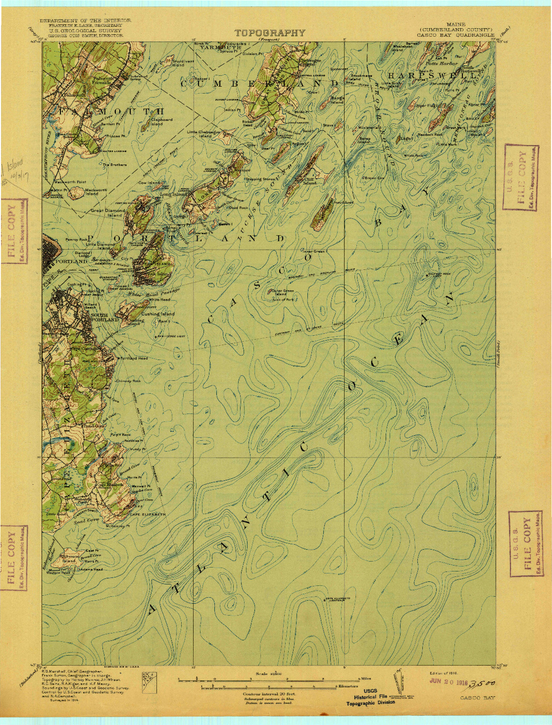 USGS 1:62500-SCALE QUADRANGLE FOR CASCO BAY, ME 1916