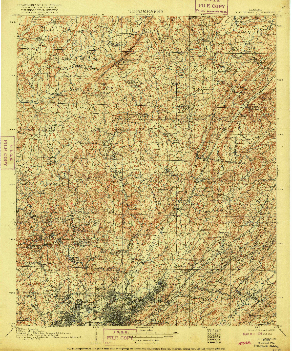 USGS 1:125000-SCALE QUADRANGLE FOR BIRMINGHAM, AL 1907