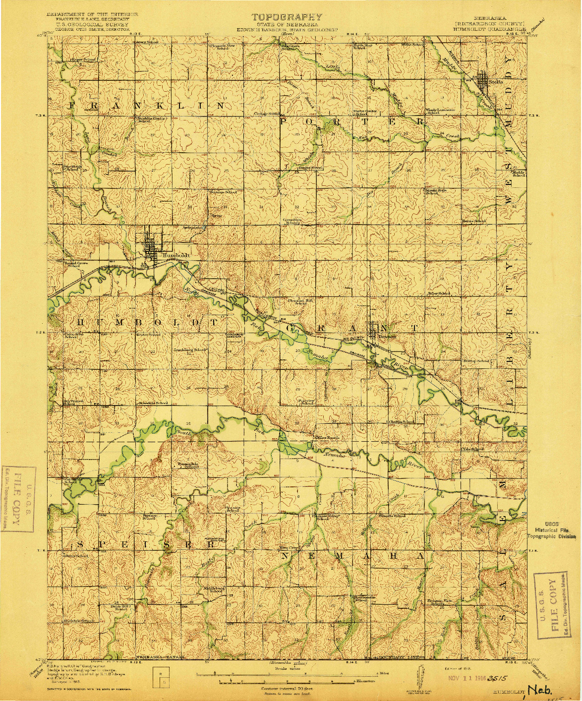 USGS 1:62500-SCALE QUADRANGLE FOR HUMBOLDT, NE 1916