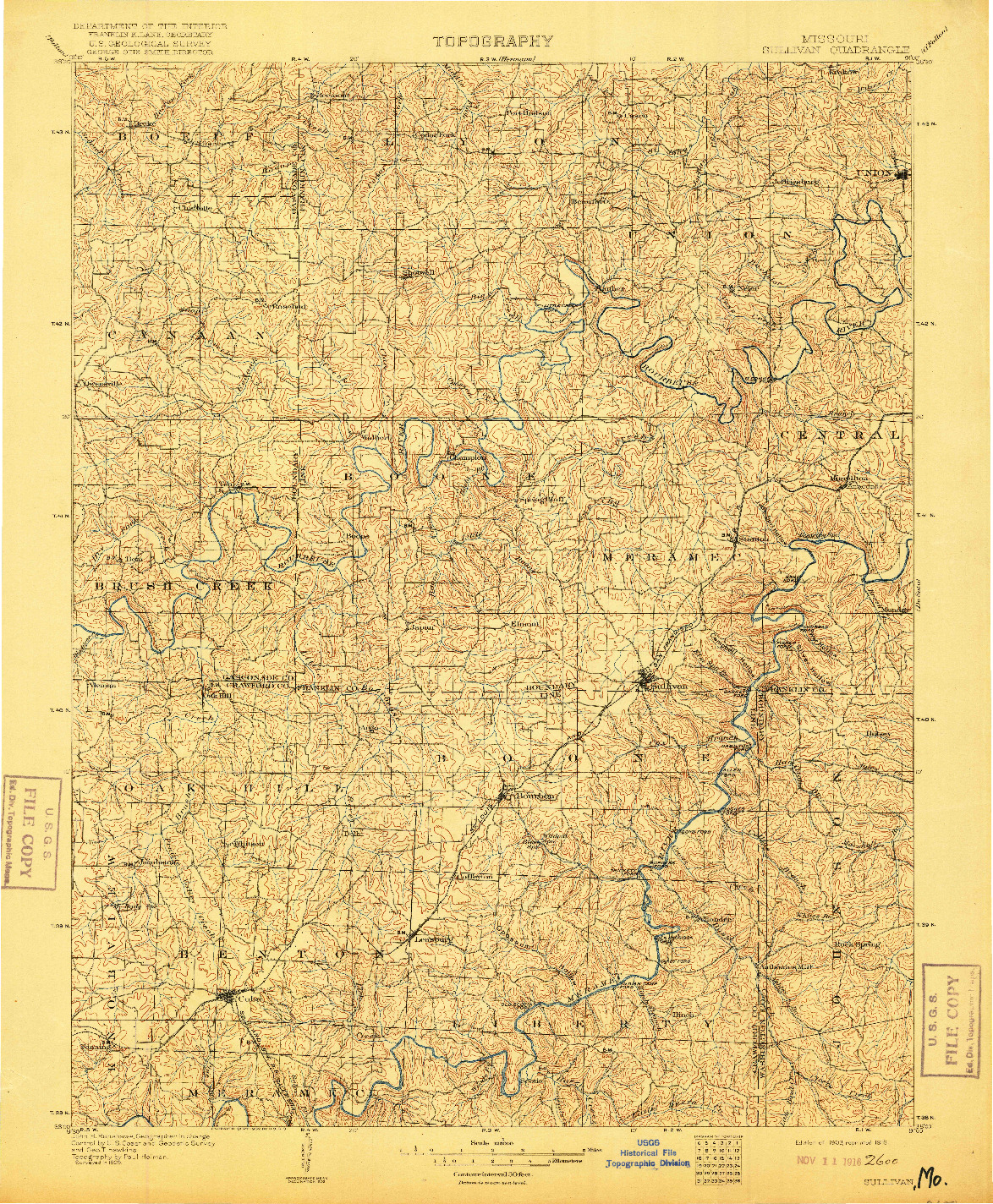 USGS 1:125000-SCALE QUADRANGLE FOR SULLIVAN, MO 1903